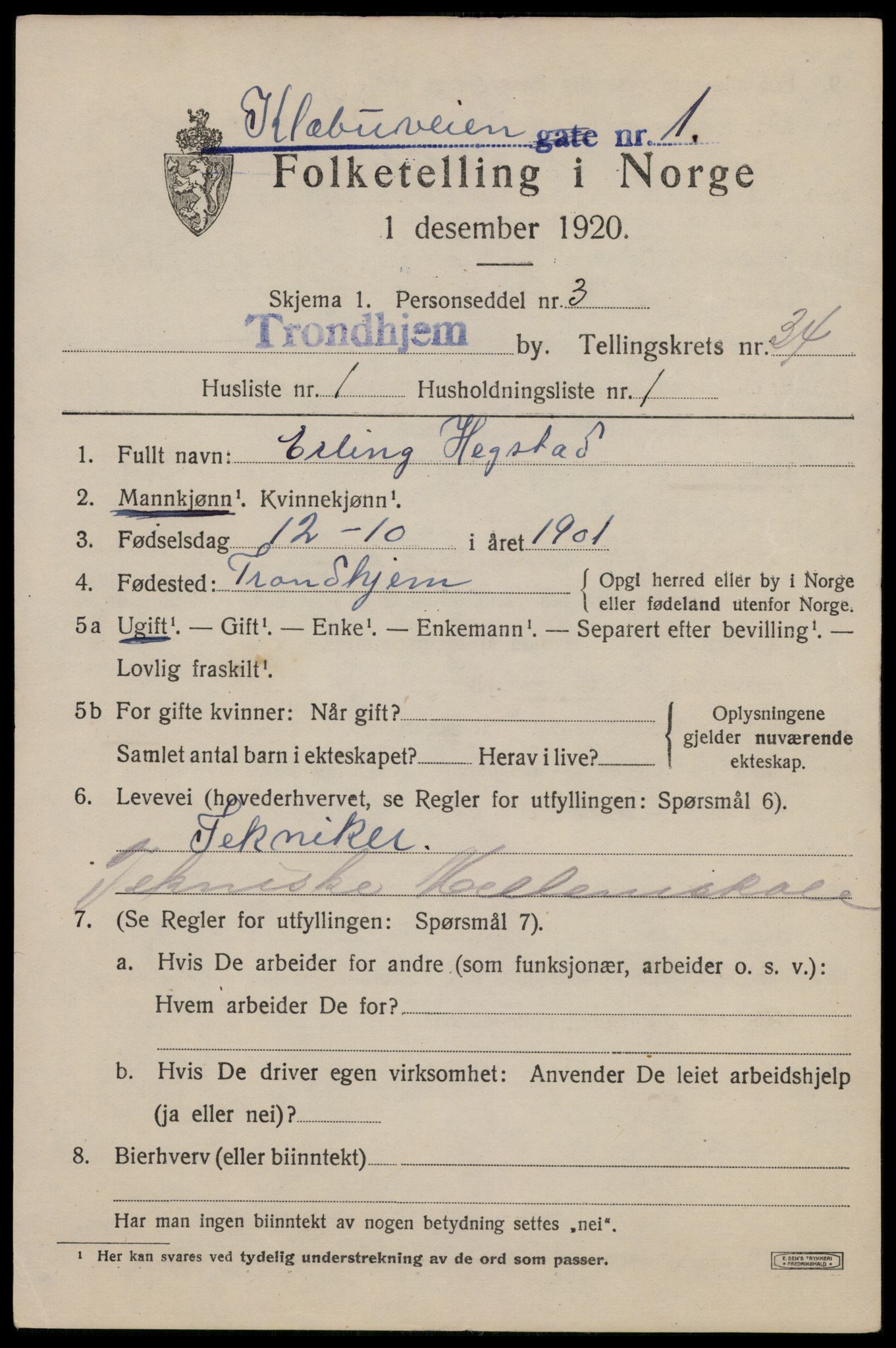 SAT, 1920 census for Trondheim, 1920, p. 79518