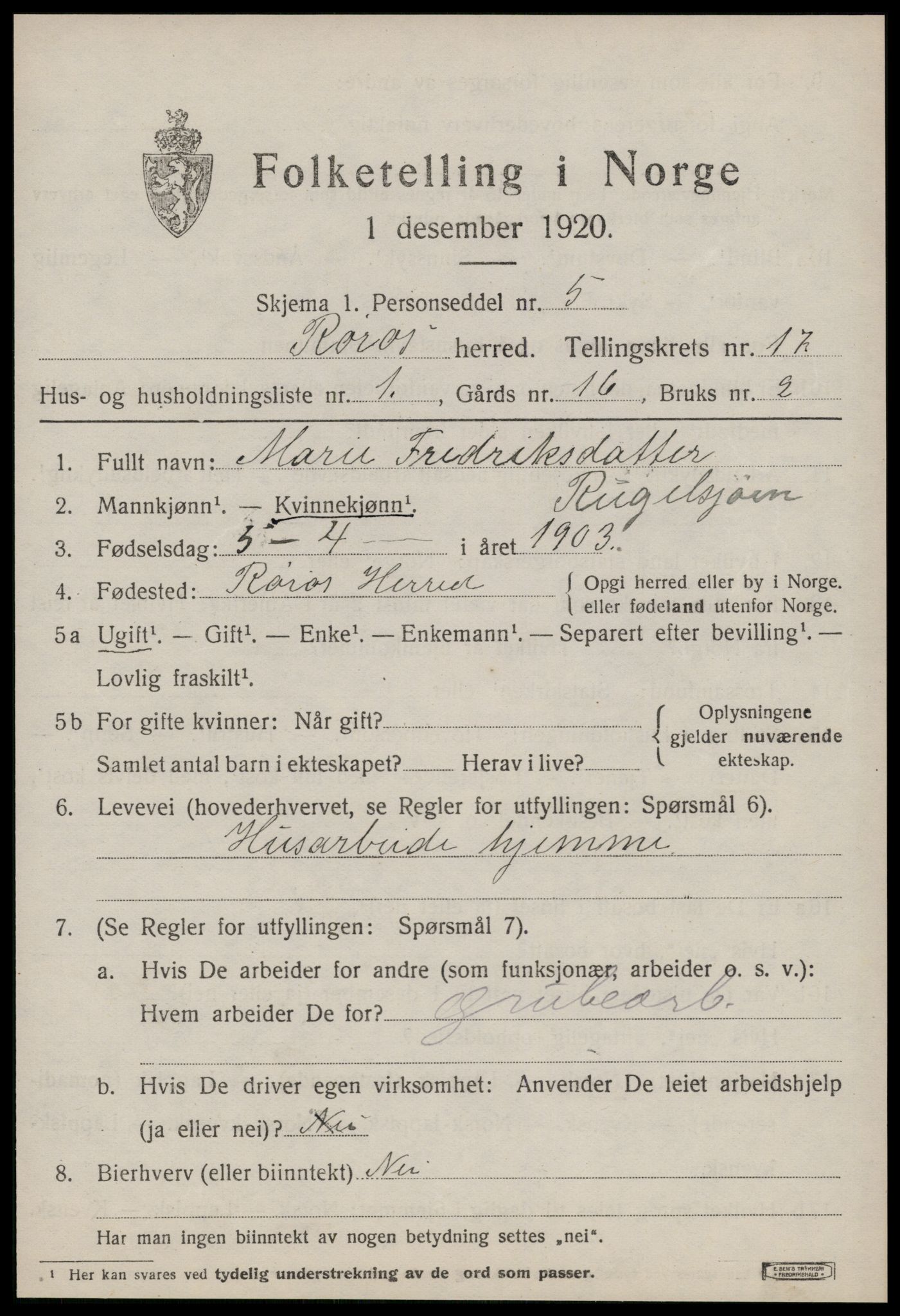 SAT, 1920 census for Røros, 1920, p. 11590