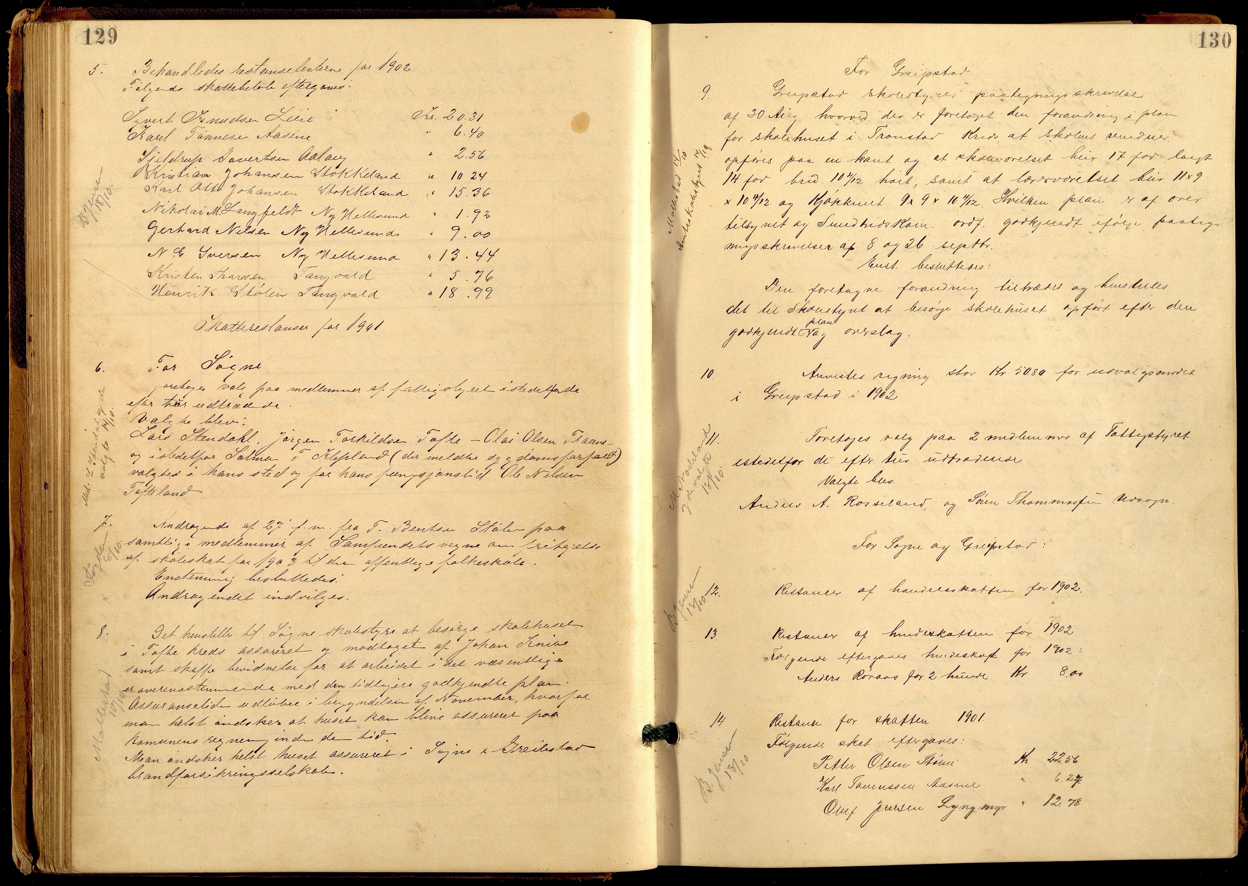Søgne og Greipstad kommune - Formannskapet, ARKSOR/1018SG120/A/L0006: Møtebok (d), 1901-1909, p. 129-130
