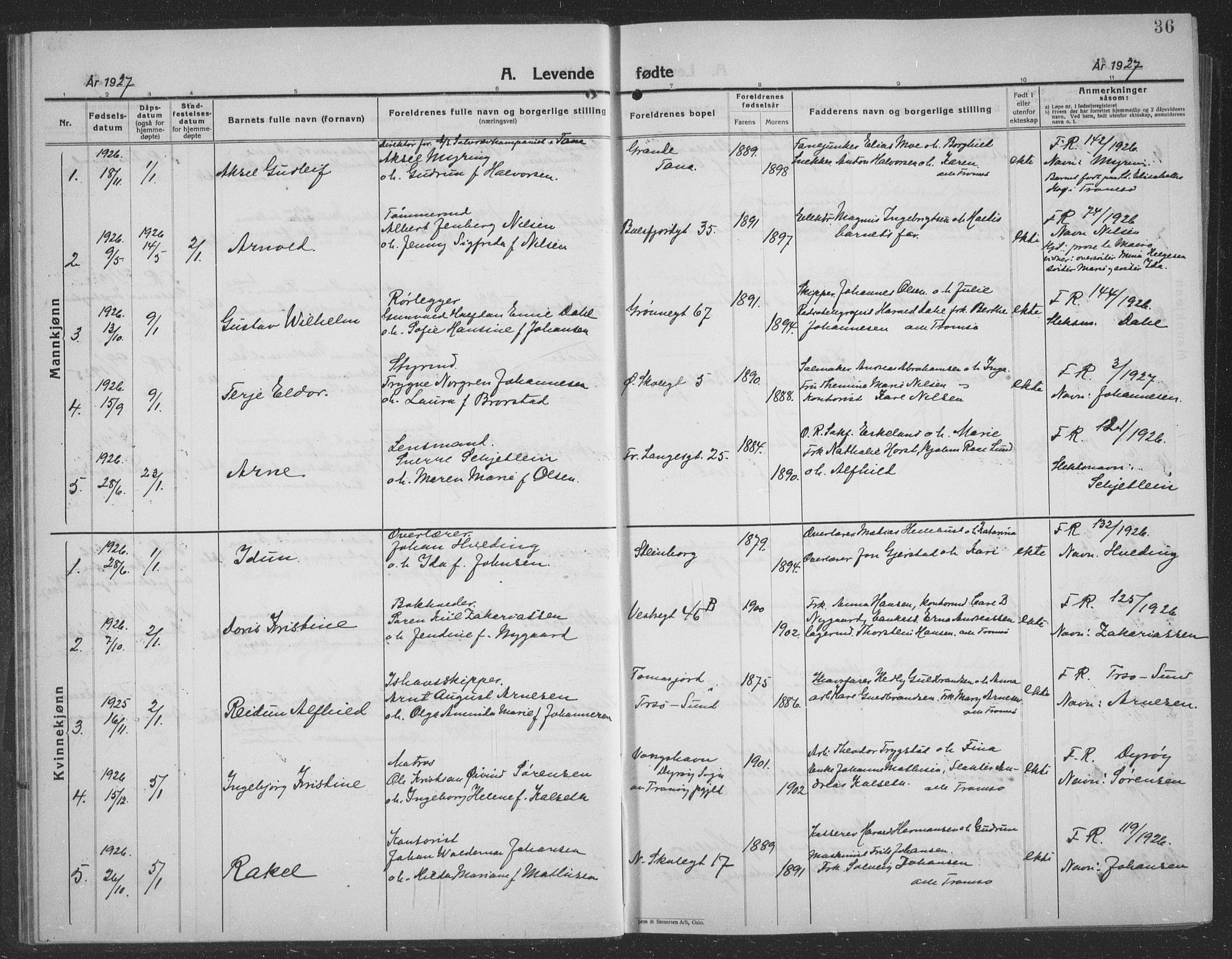 Tromsø sokneprestkontor/stiftsprosti/domprosti, SATØ/S-1343/G/Gb/L0010klokker: Parish register (copy) no. 10, 1925-1937, p. 36