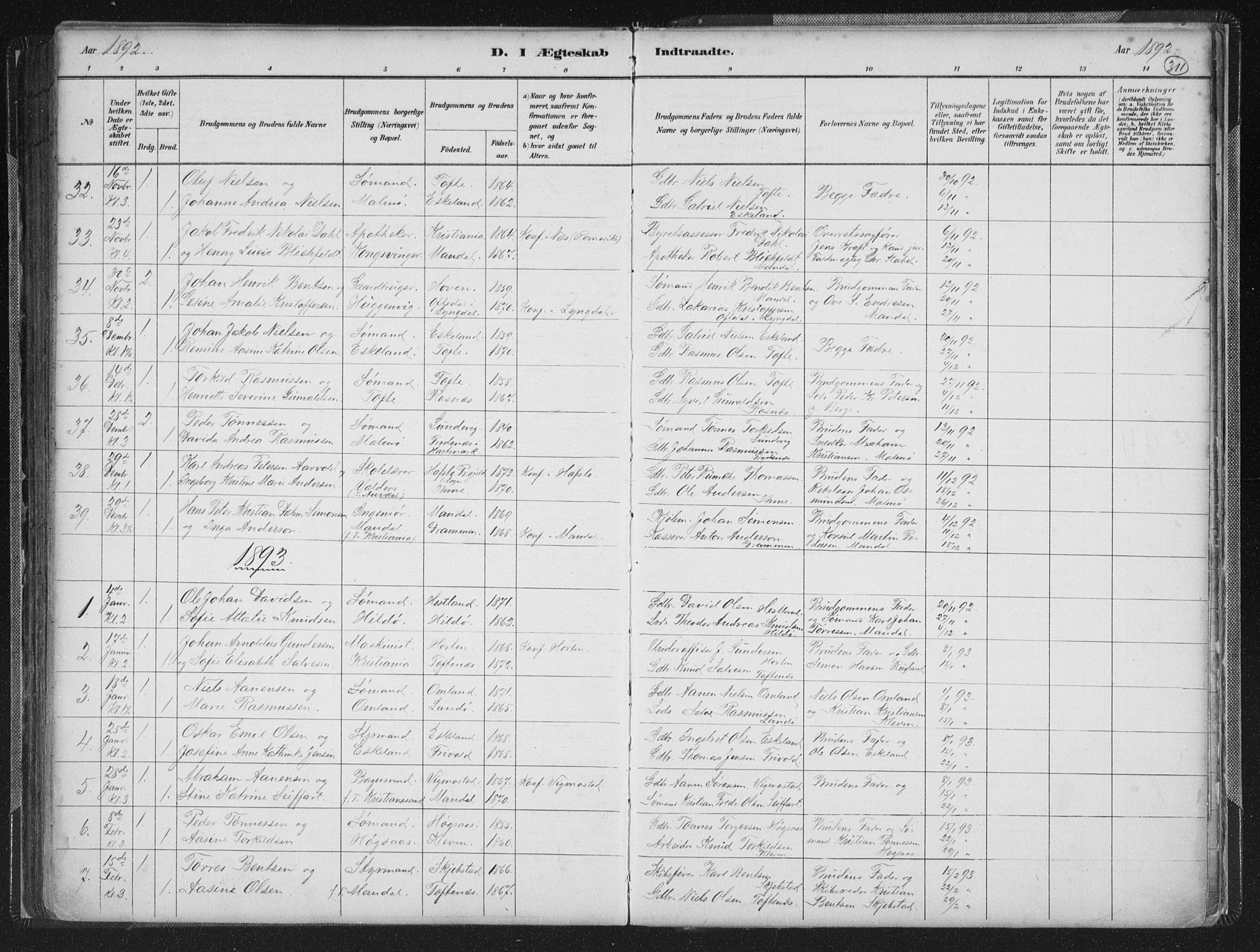 Mandal sokneprestkontor, AV/SAK-1111-0030/F/Fb/Fba/L0011: Parish register (copy) no. B 5, 1880-1898, p. 311