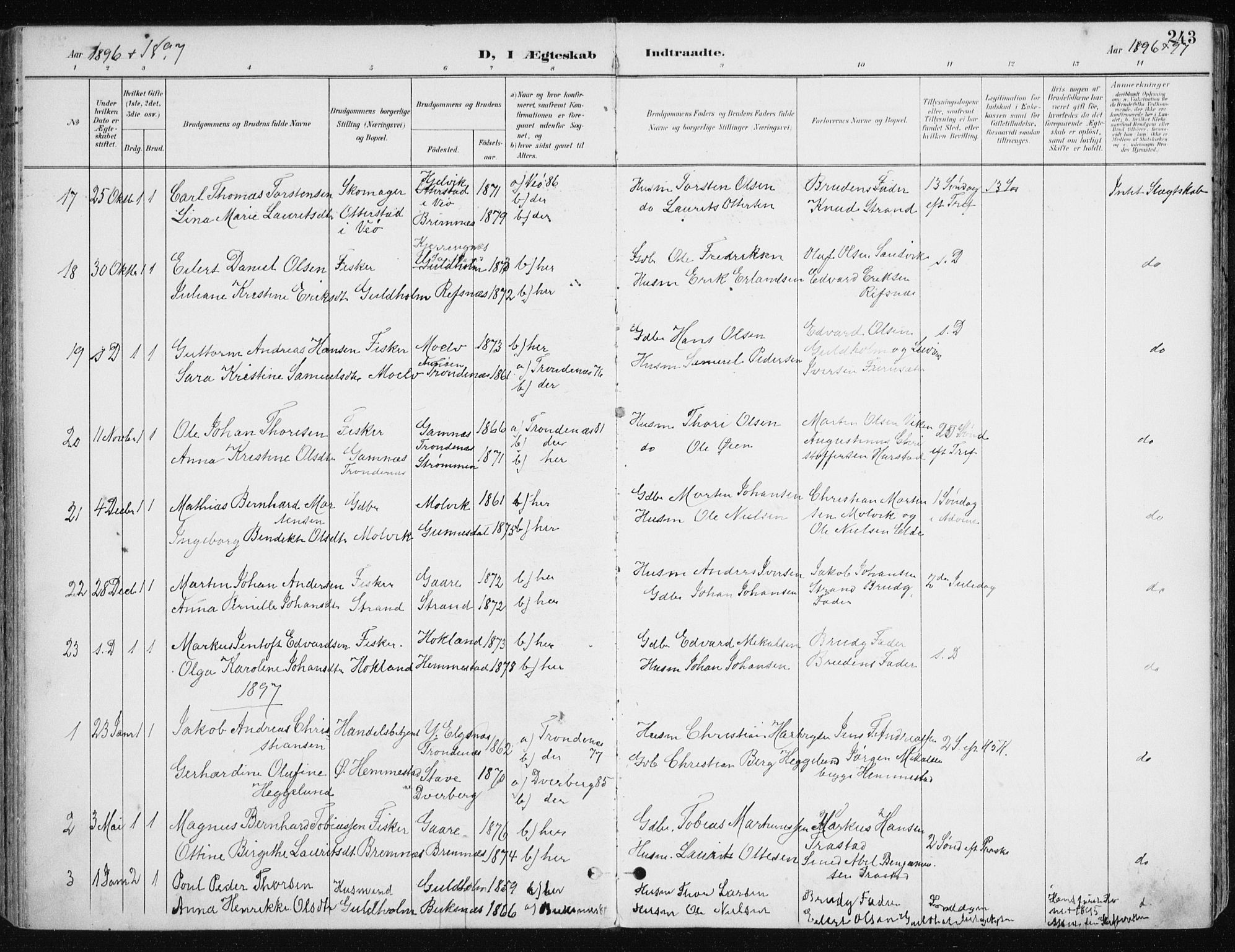 Kvæfjord sokneprestkontor, AV/SATØ-S-1323/G/Ga/Gaa/L0006kirke: Parish register (official) no. 6, 1895-1914, p. 243