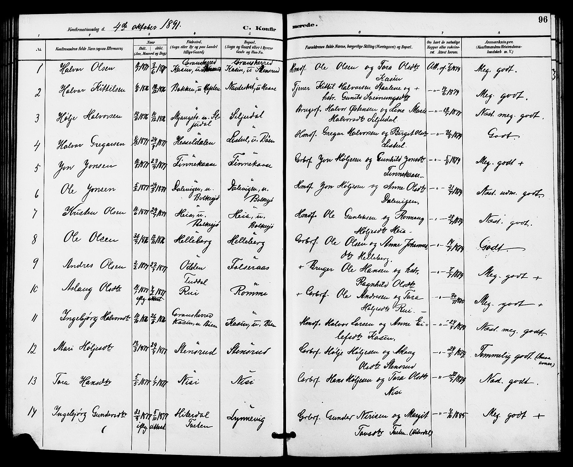 Gransherad kirkebøker, SAKO/A-267/G/Ga/L0003: Parish register (copy) no. I 3, 1887-1915, p. 96