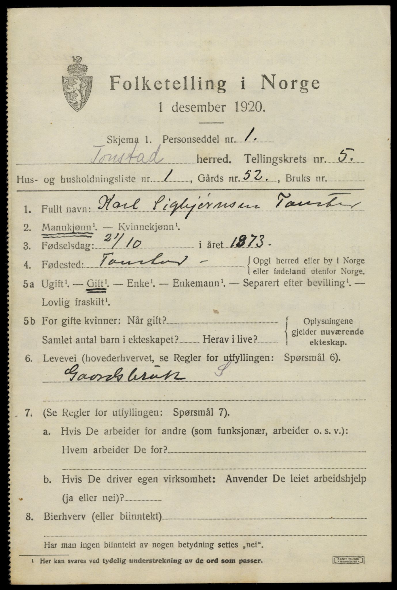 SAK, 1920 census for Tonstad, 1920, p. 1600