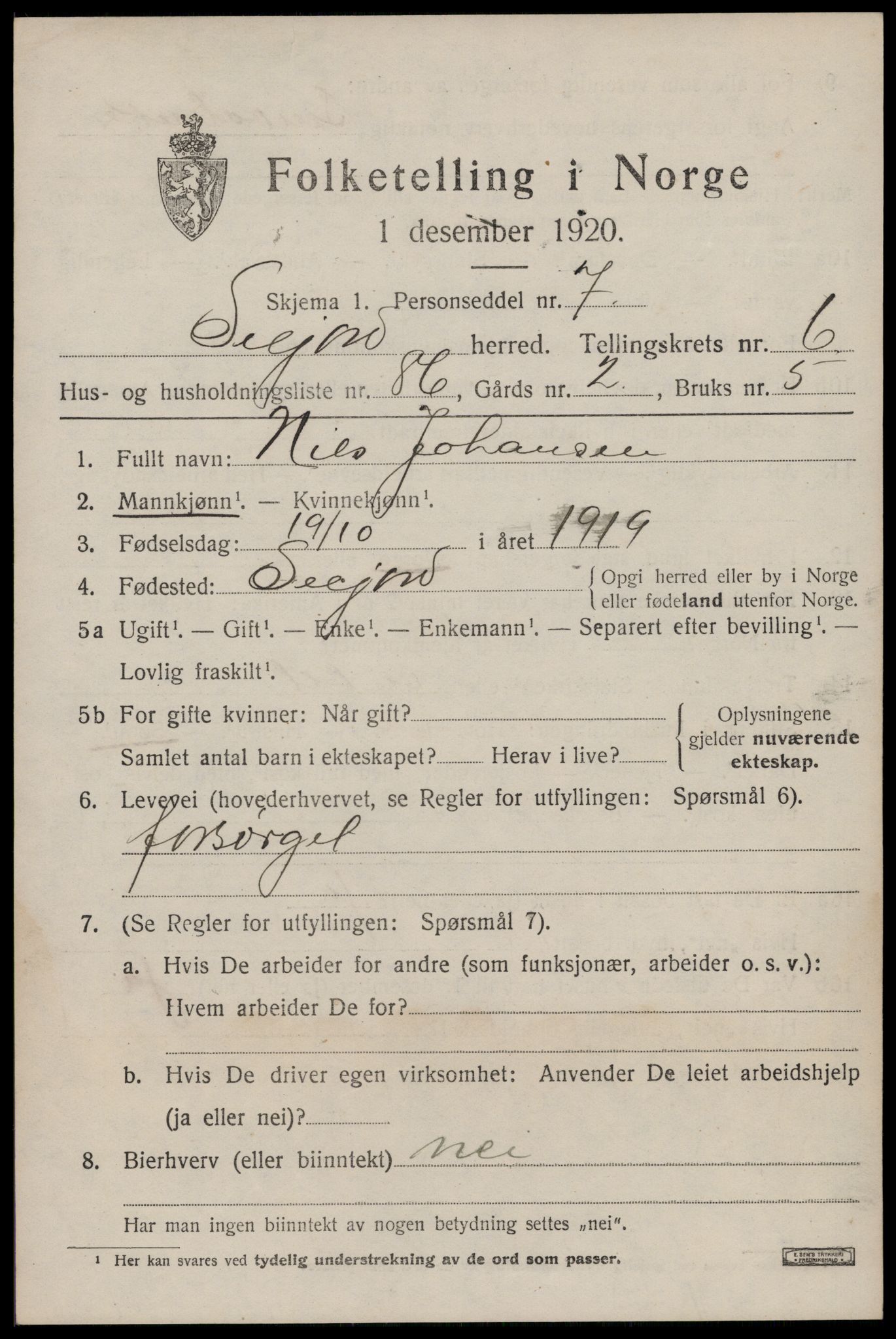 SAKO, 1920 census for Seljord, 1920, p. 3672