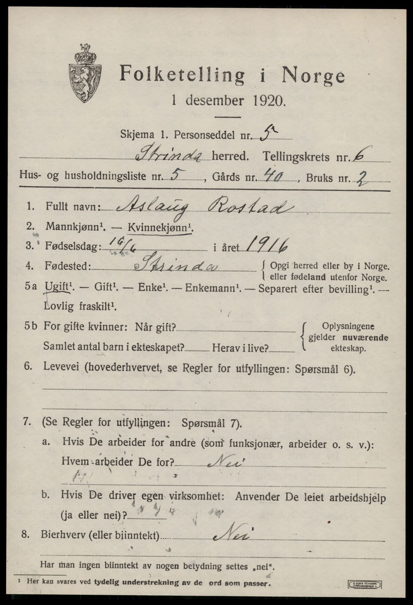 SAT, 1920 census for Strinda, 1920, p. 14482