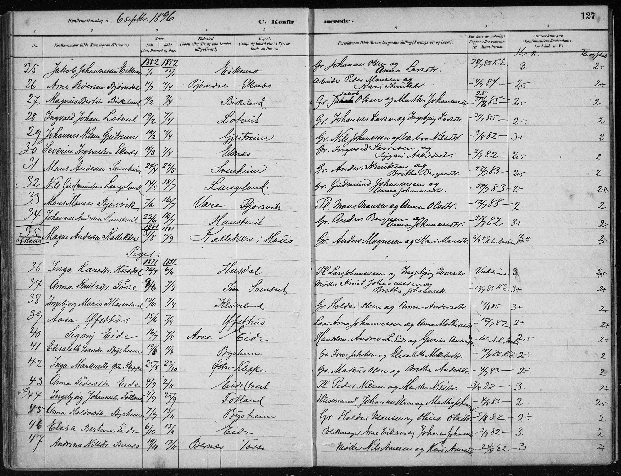 Hosanger sokneprestembete, AV/SAB-A-75801/H/Haa: Parish register (official) no. B  1, 1880-1896, p. 127