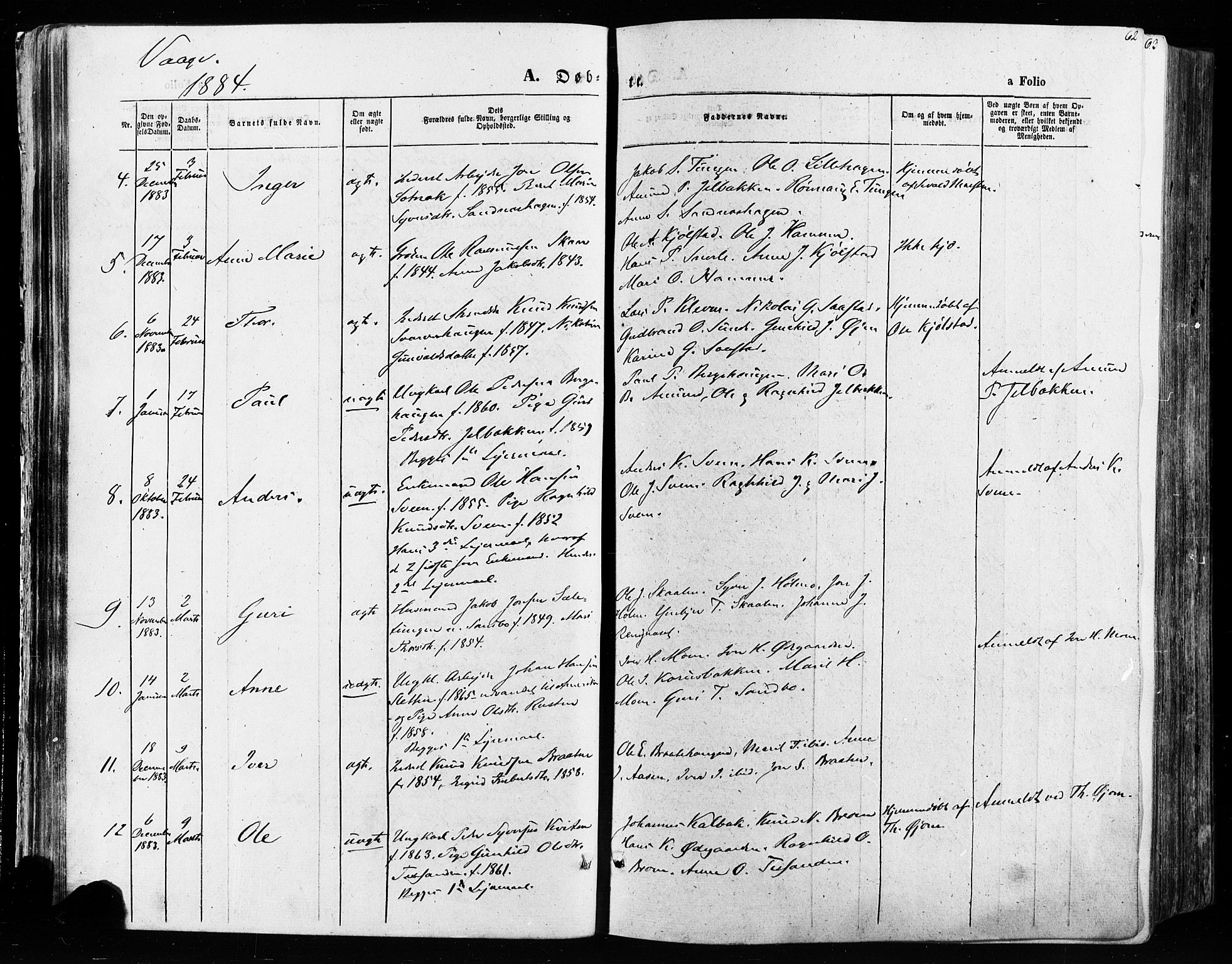 Vågå prestekontor, SAH/PREST-076/H/Ha/Haa/L0007: Parish register (official) no. 7 /1, 1872-1886, p. 62