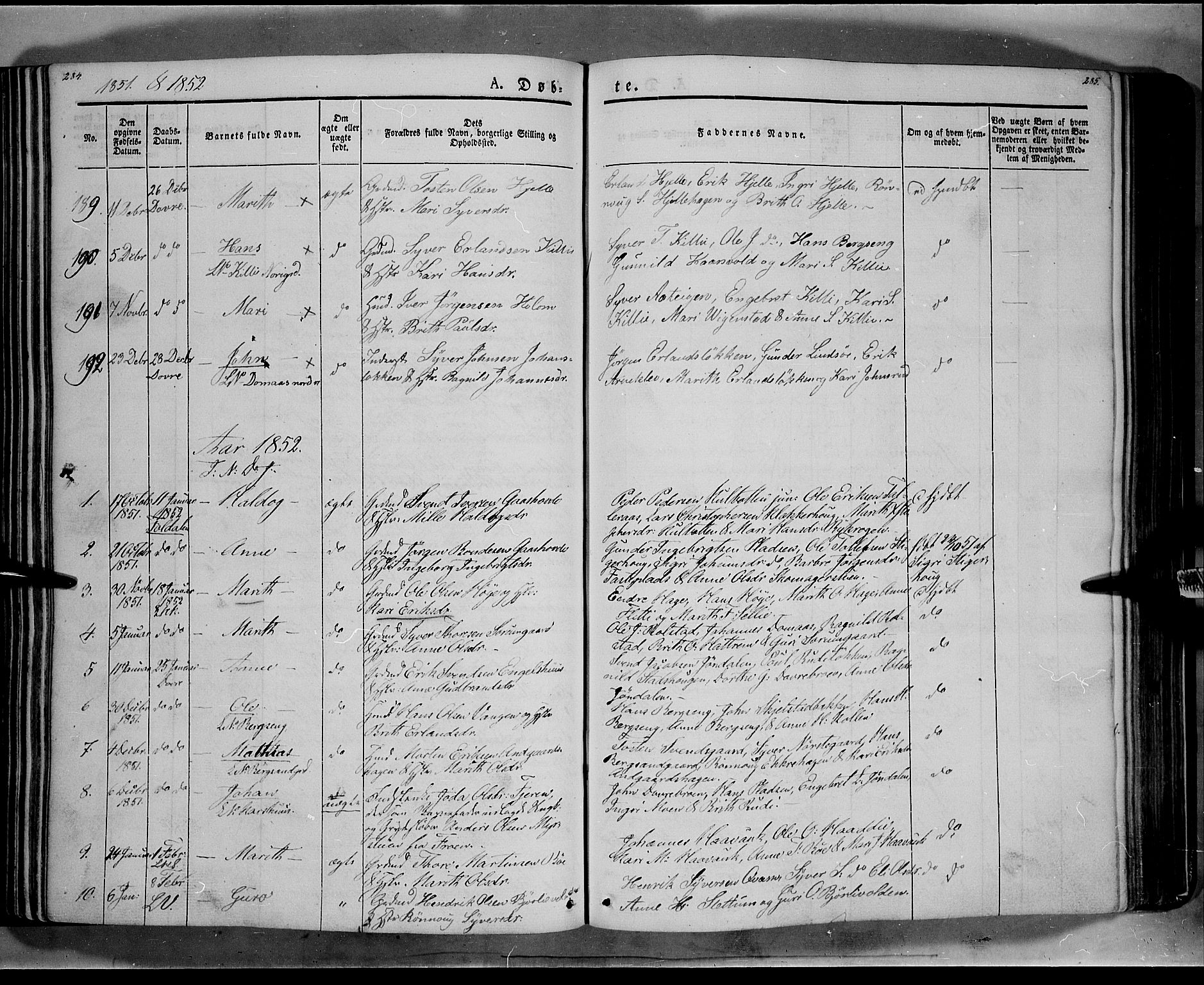 Lesja prestekontor, SAH/PREST-068/H/Ha/Haa/L0006: Parish register (official) no. 6A, 1843-1854, p. 284-285