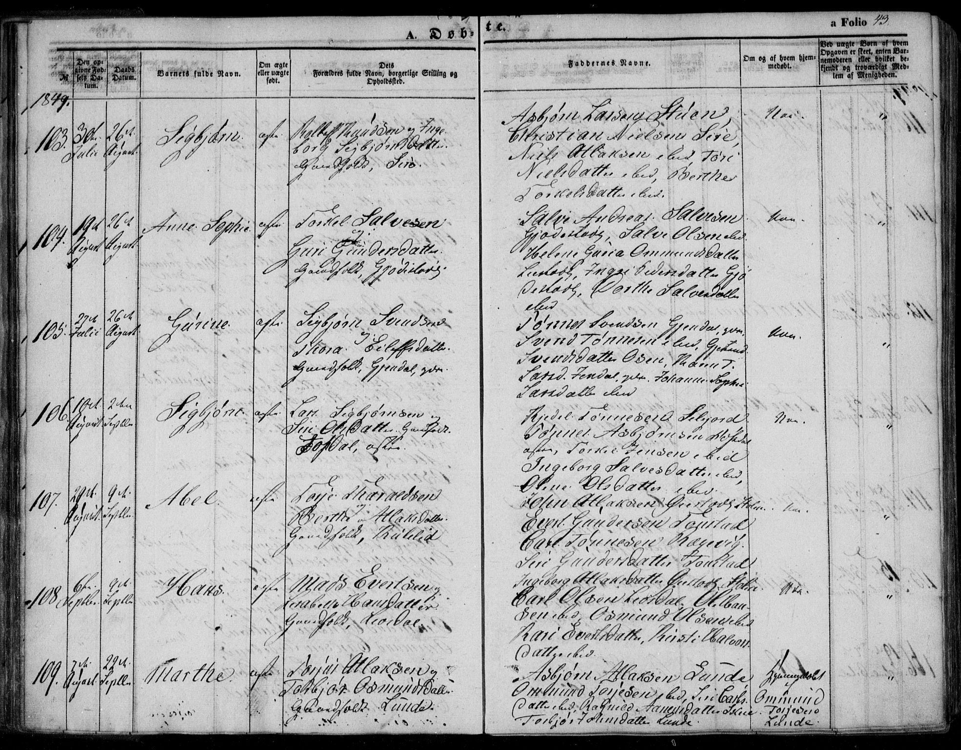 Bakke sokneprestkontor, AV/SAK-1111-0002/F/Fa/Faa/L0005: Parish register (official) no. A 5, 1847-1855, p. 43