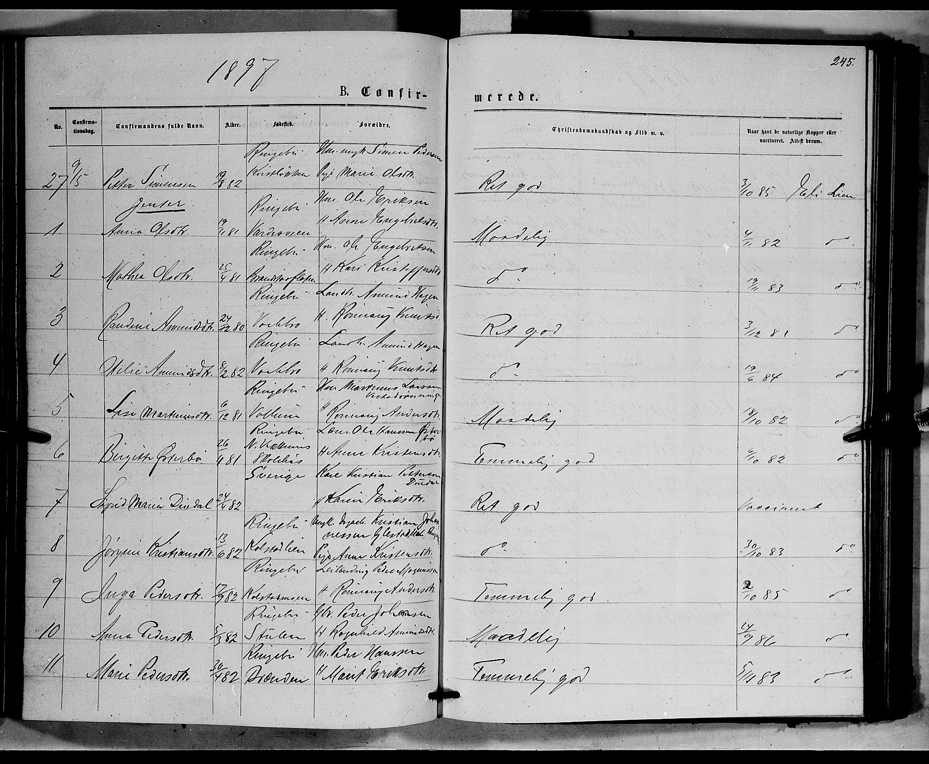 Ringebu prestekontor, AV/SAH-PREST-082/H/Ha/Hab/L0006: Parish register (copy) no. 6, 1880-1898, p. 245