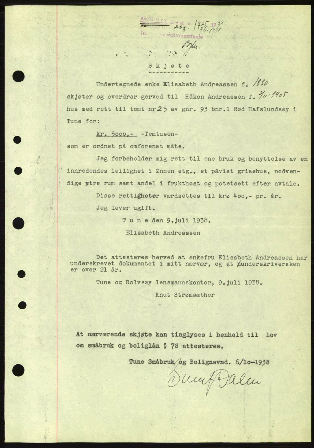 Tune sorenskriveri, AV/SAO-A-10470/G/Gb/Gbg/Gbgb/L0003: Mortgage book no. A3, 1938-1938, Diary no: : 1725/1938