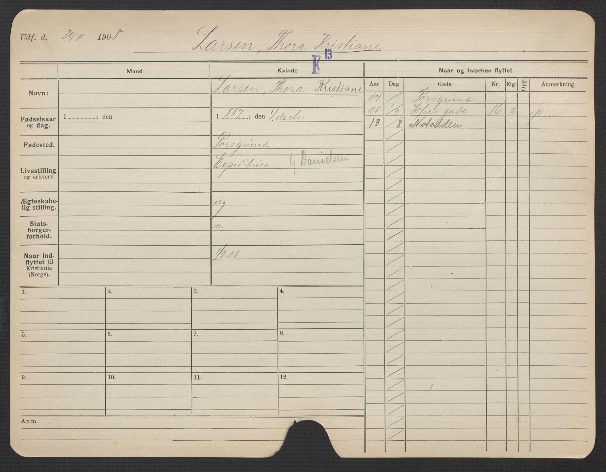 Oslo folkeregister, Registerkort, AV/SAO-A-11715/F/Fa/Fac/L0019: Kvinner, 1906-1914, p. 1019a