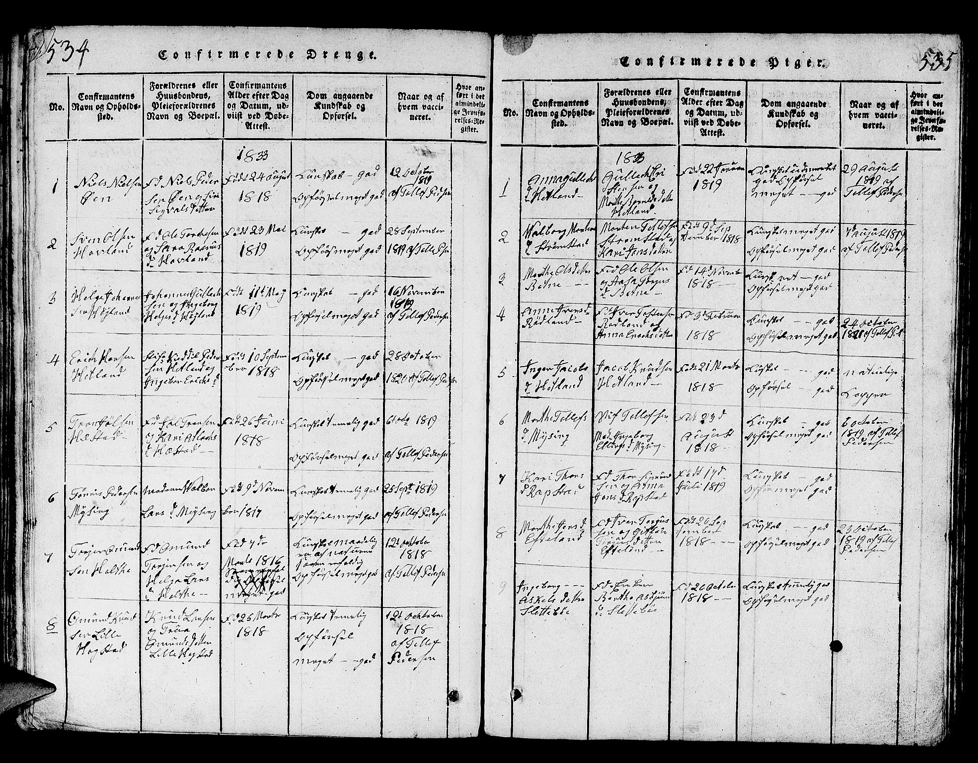 Helleland sokneprestkontor, SAST/A-101810: Parish register (copy) no. B 1, 1815-1841, p. 534-535