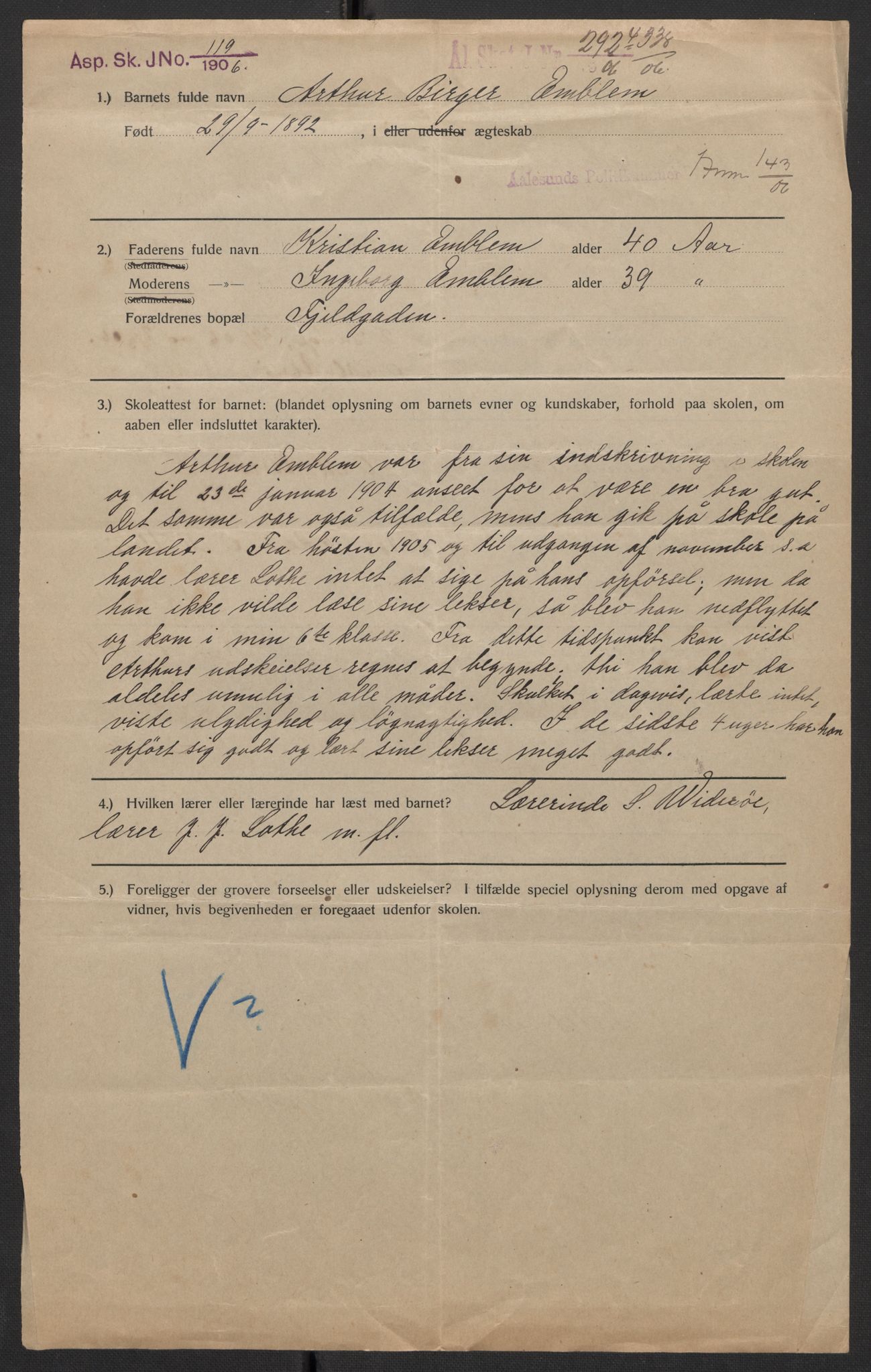 Falstad skolehjem, RA/S-1676/E/Eb/L0007: Elevmapper løpenr. 146-168, 1905-1911, p. 146