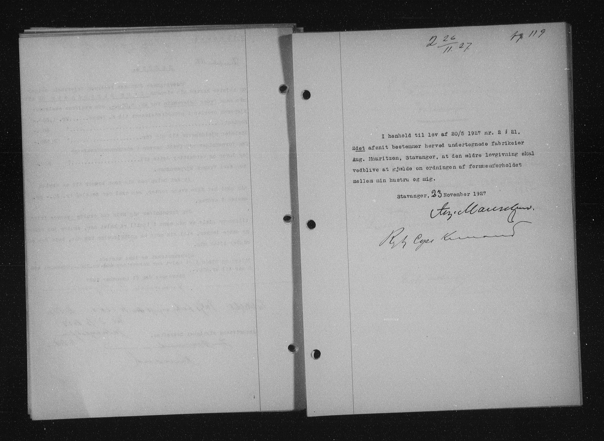 Stavanger byfogd, AV/SAST-A-101408/001/4/41/410/410BB/L0053: Mortgage book no. 41, 1927-1928, Deed date: 26.11.1927