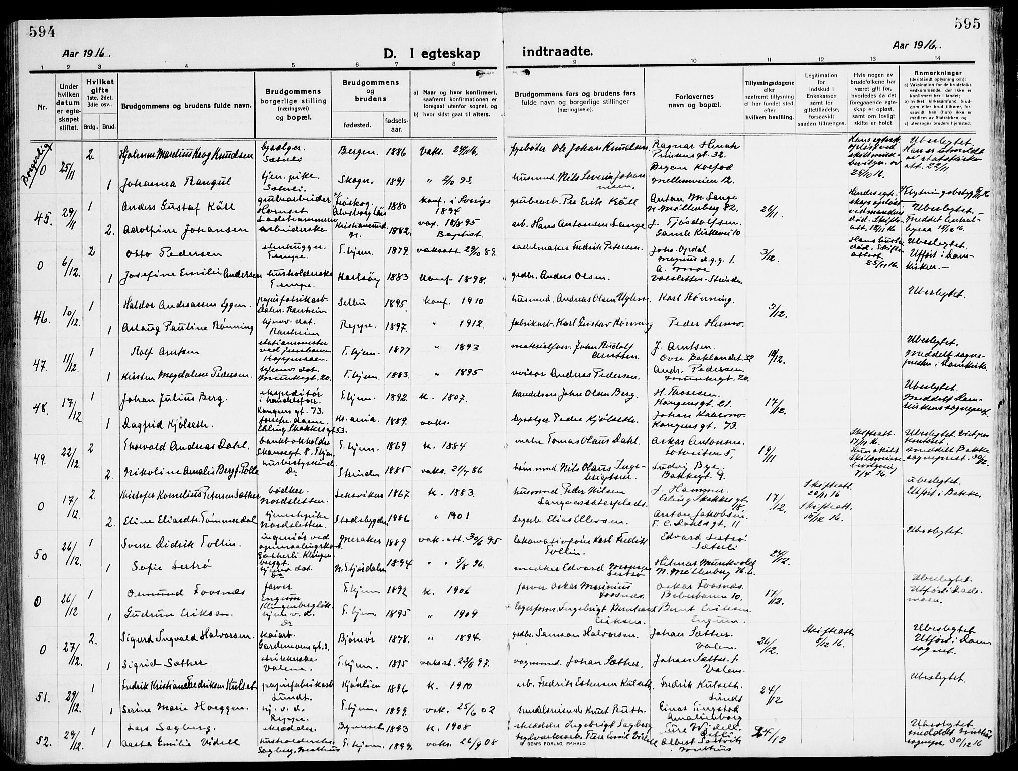 Ministerialprotokoller, klokkerbøker og fødselsregistre - Sør-Trøndelag, SAT/A-1456/607/L0321: Parish register (official) no. 607A05, 1916-1935, p. 594-595