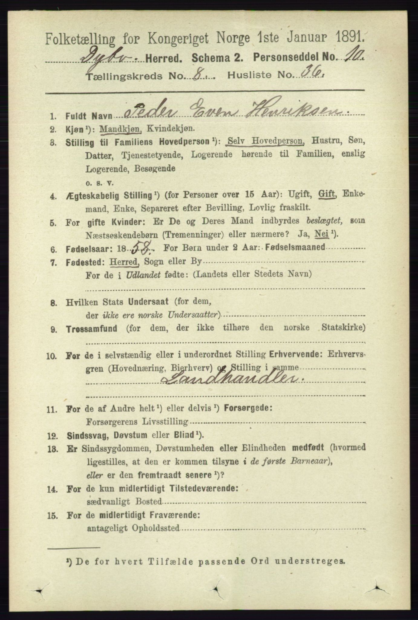RA, 1891 census for 0915 Dypvåg, 1891, p. 2941