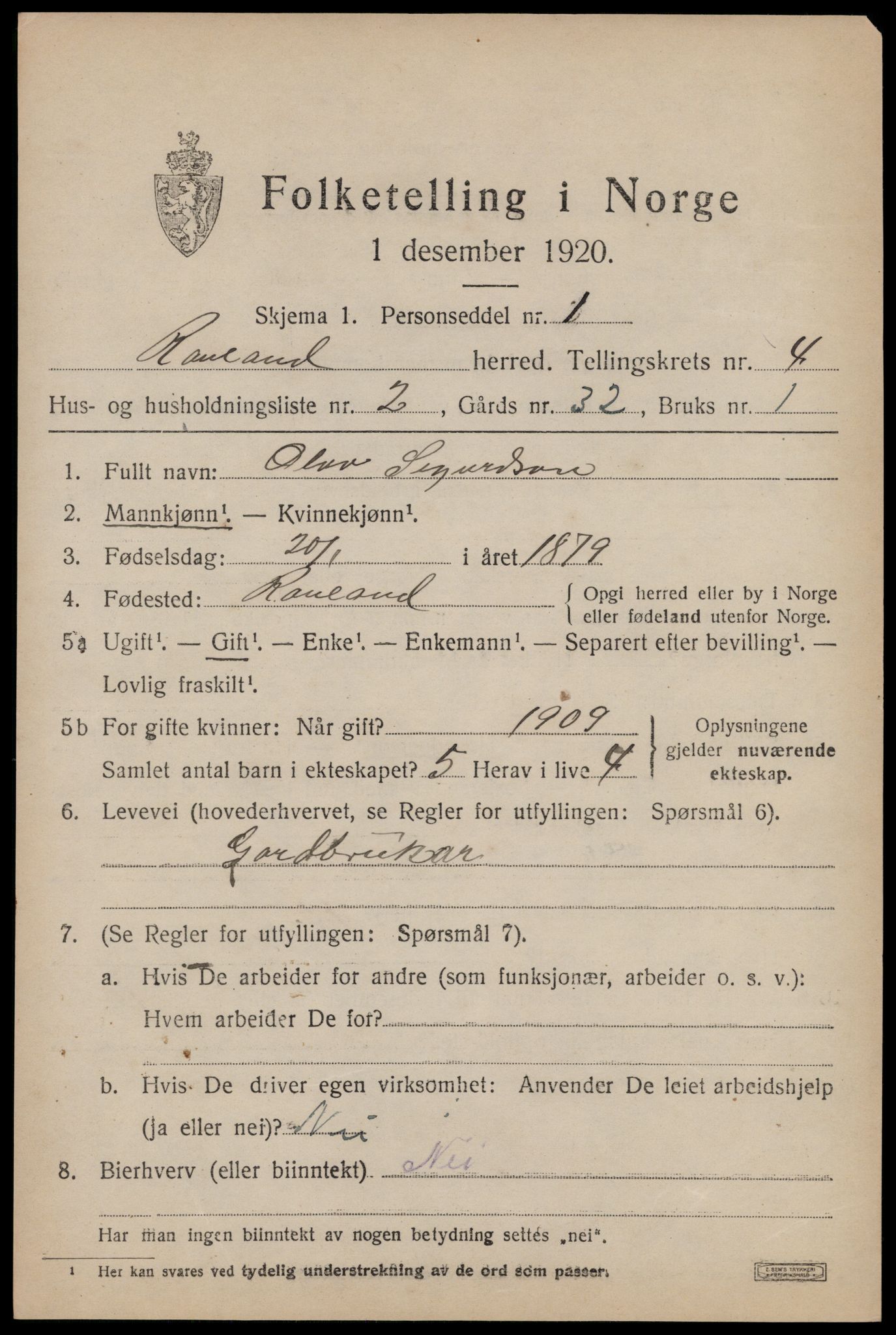 SAKO, 1920 census for Rauland, 1920, p. 810