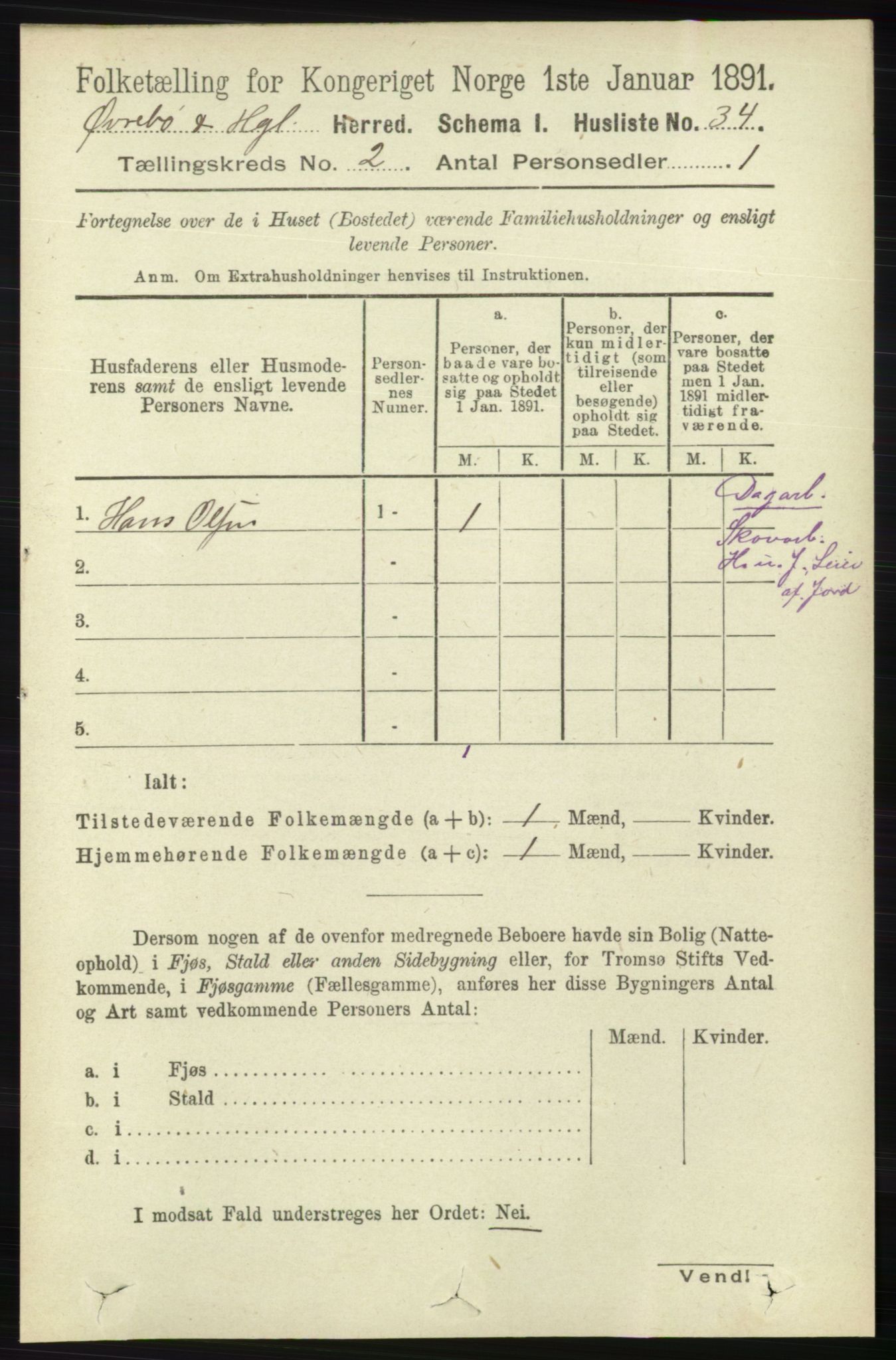 RA, 1891 census for 1016 Øvrebø og Hægeland, 1891, p. 316