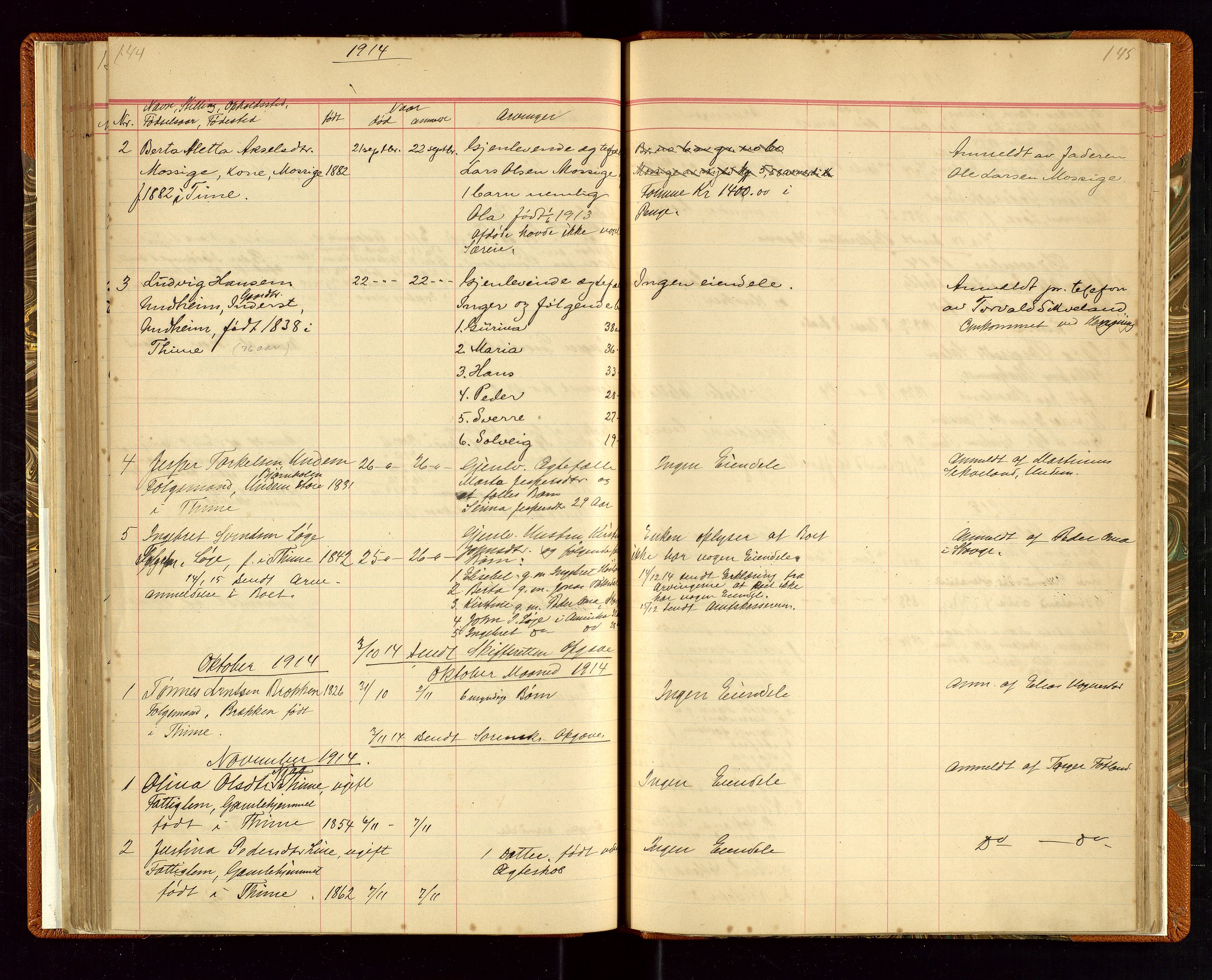 Time lensmannskontor, SAST/A-100420/Gga/L0001: Dødsfallprotokoll m/alfabetisk register, 1880-1921, p. 144-145