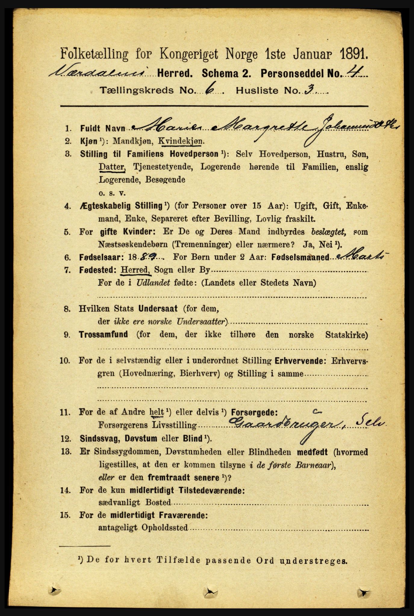 RA, 1891 census for 1721 Verdal, 1891, p. 3575