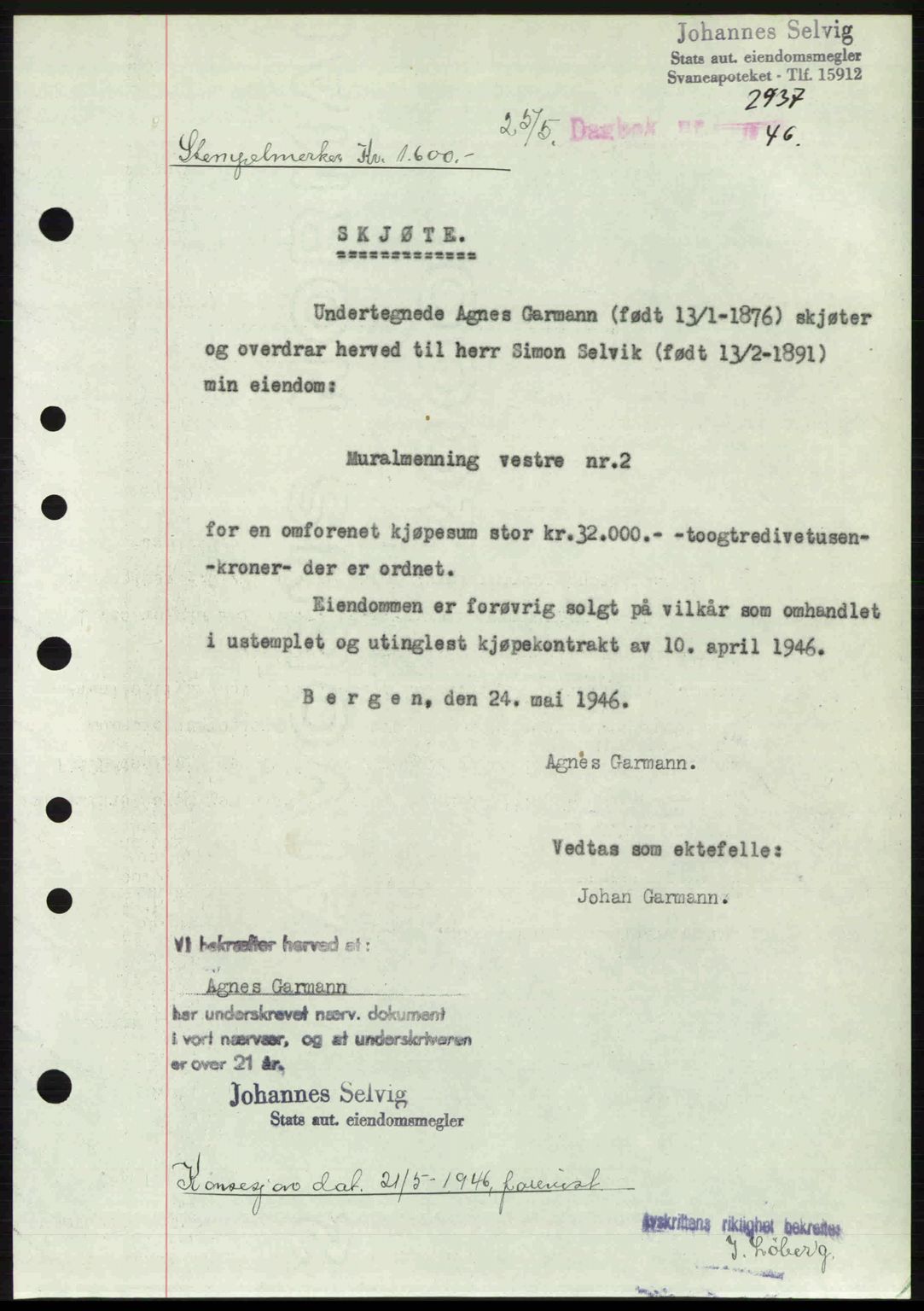 Byfogd og Byskriver i Bergen, SAB/A-3401/03/03Bc/L0022: Mortgage book no. A18, 1946-1946, Diary no: : 2937/1946