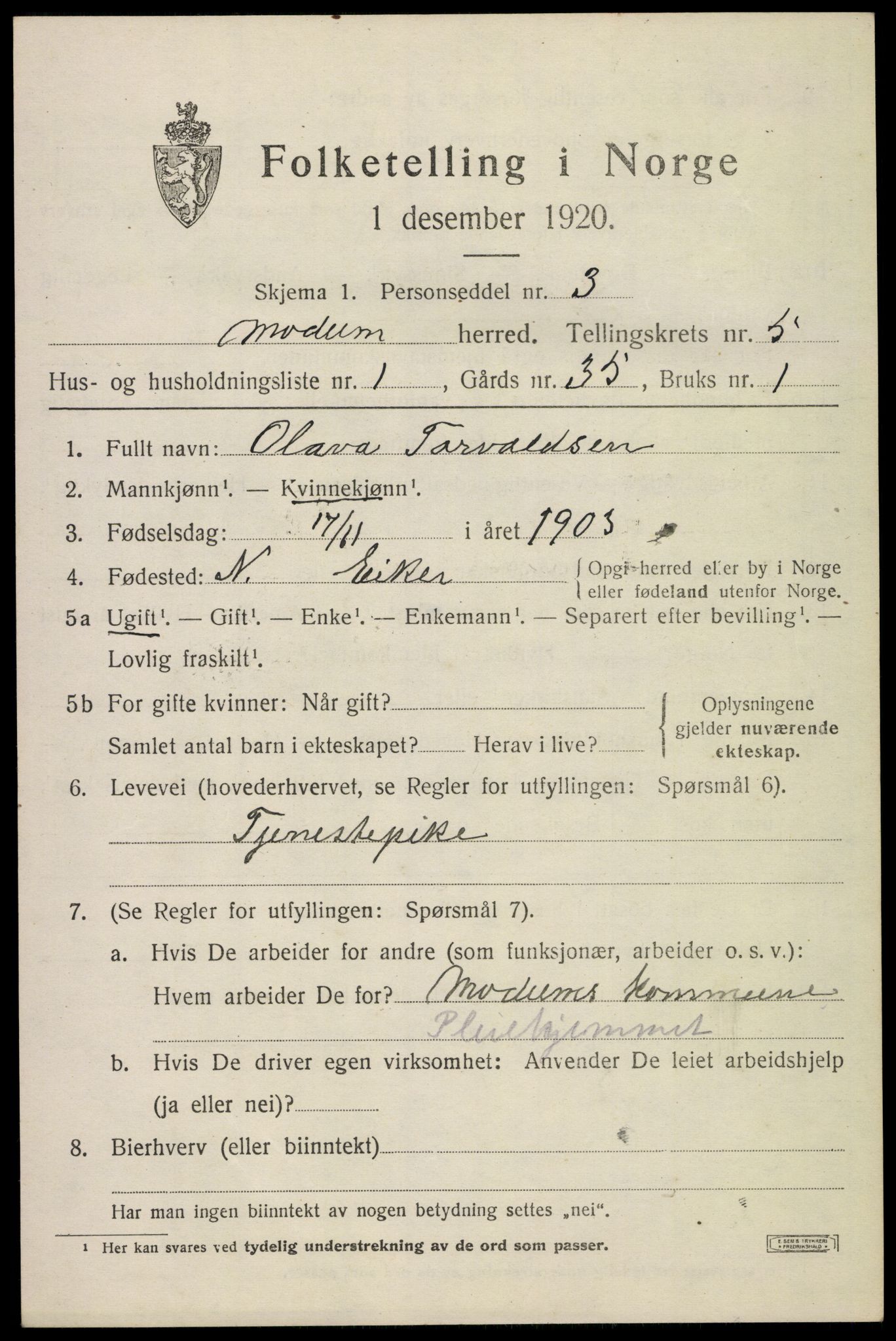 SAKO, 1920 census for Modum, 1920, p. 6465