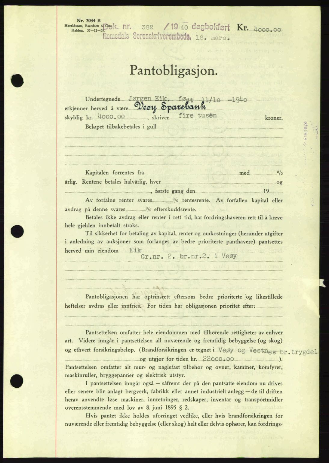 Romsdal sorenskriveri, AV/SAT-A-4149/1/2/2C: Mortgage book no. B2, 1939-1945, Diary no: : 382/1940