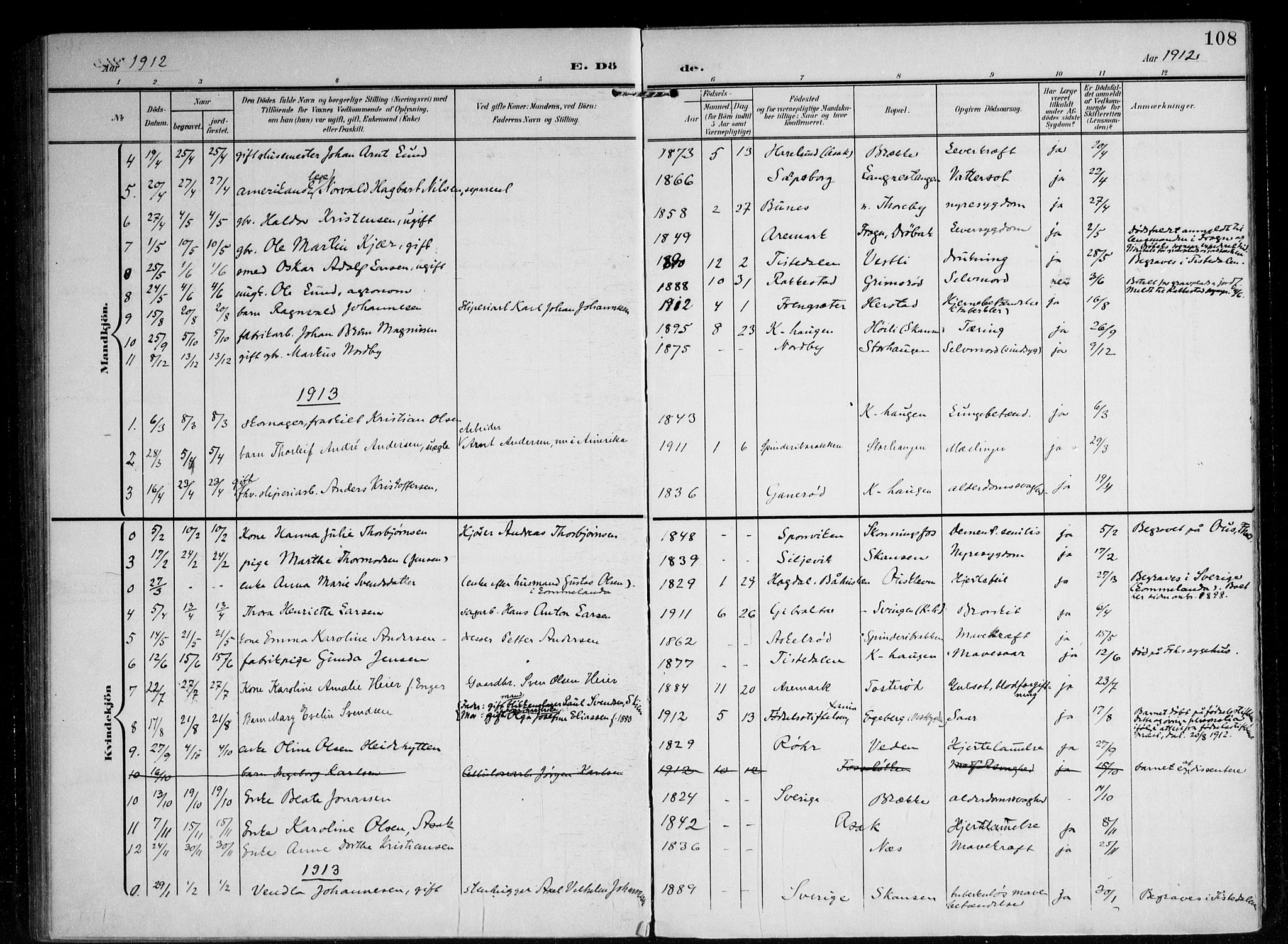 Berg prestekontor Kirkebøker, AV/SAO-A-10902/F/Fb/L0003: Parish register (official) no. II 3, 1903-1919, p. 108