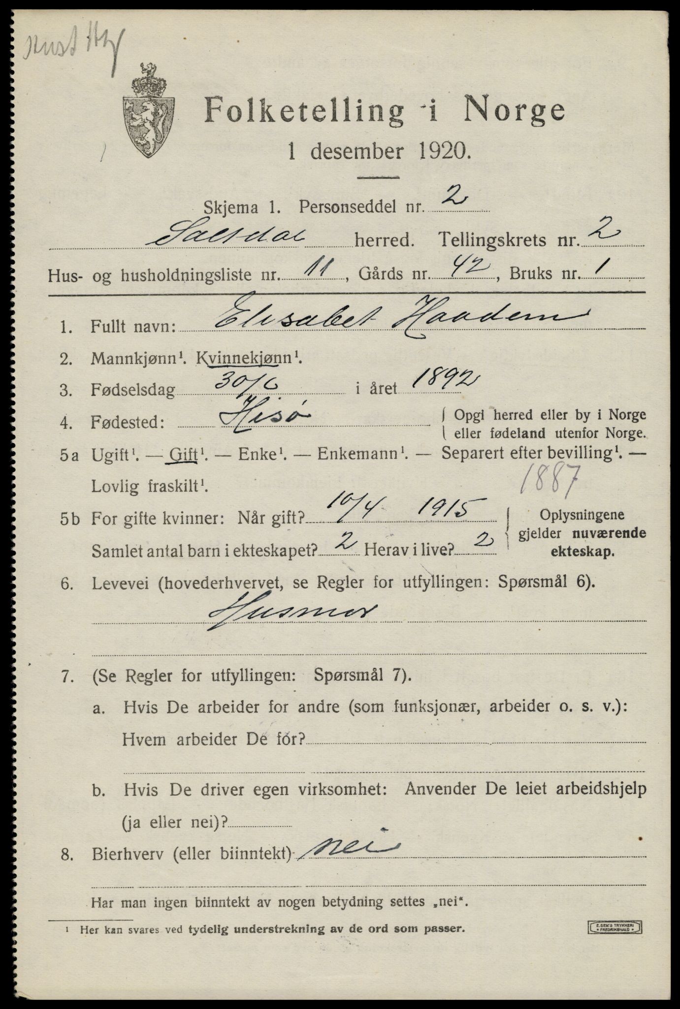 SAT, 1920 census for Saltdal, 1920, p. 3009