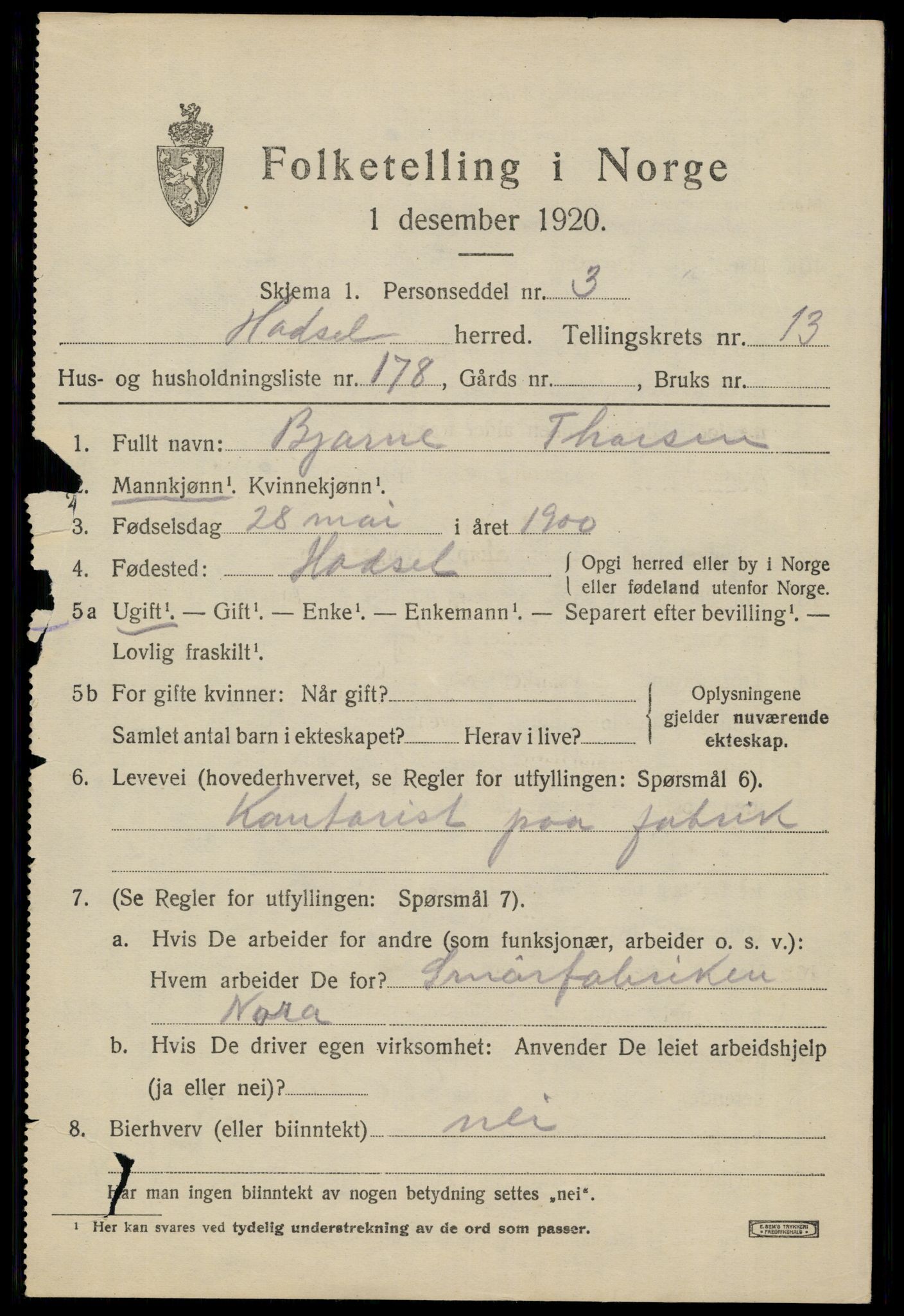 SAT, 1920 census for Hadsel, 1920, p. 11862