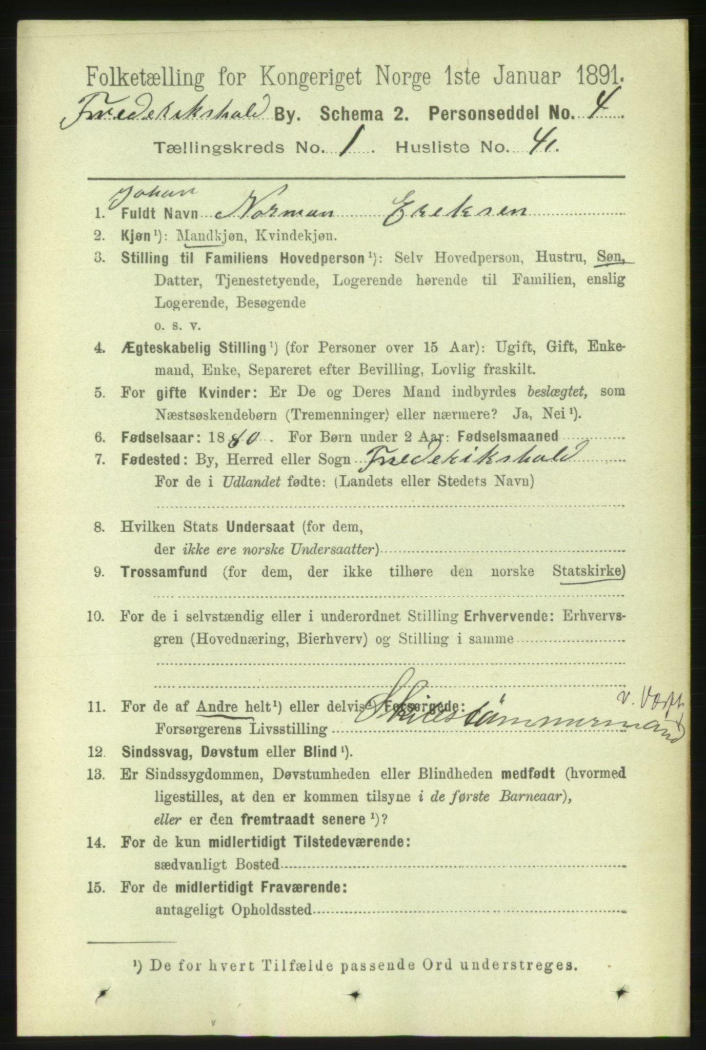 RA, 1891 census for 0101 Fredrikshald, 1891, p. 2325