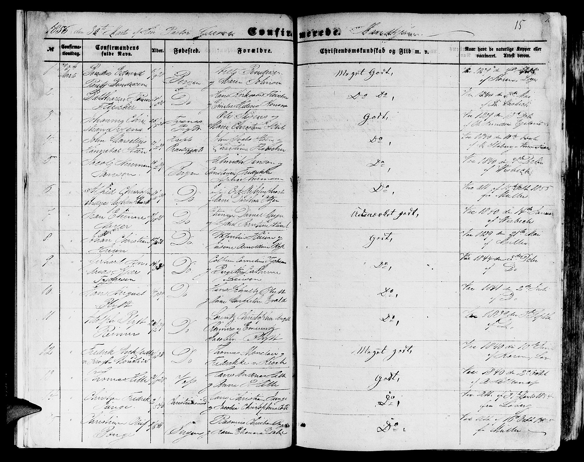 Domkirken sokneprestembete, SAB/A-74801/H/Hab/L0023: Parish register (copy) no. C 3, 1854-1880, p. 15