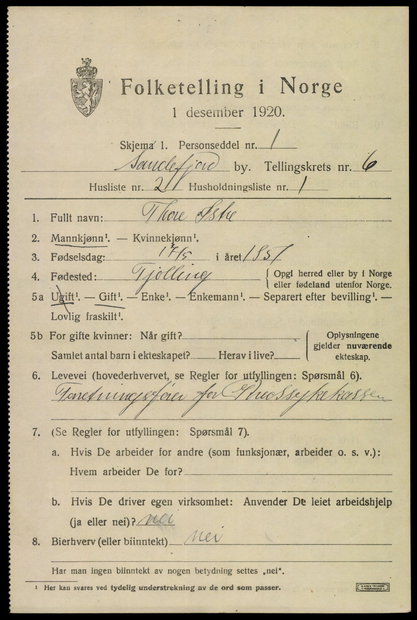 SAKO, 1920 census for Sandefjord, 1920, p. 9450