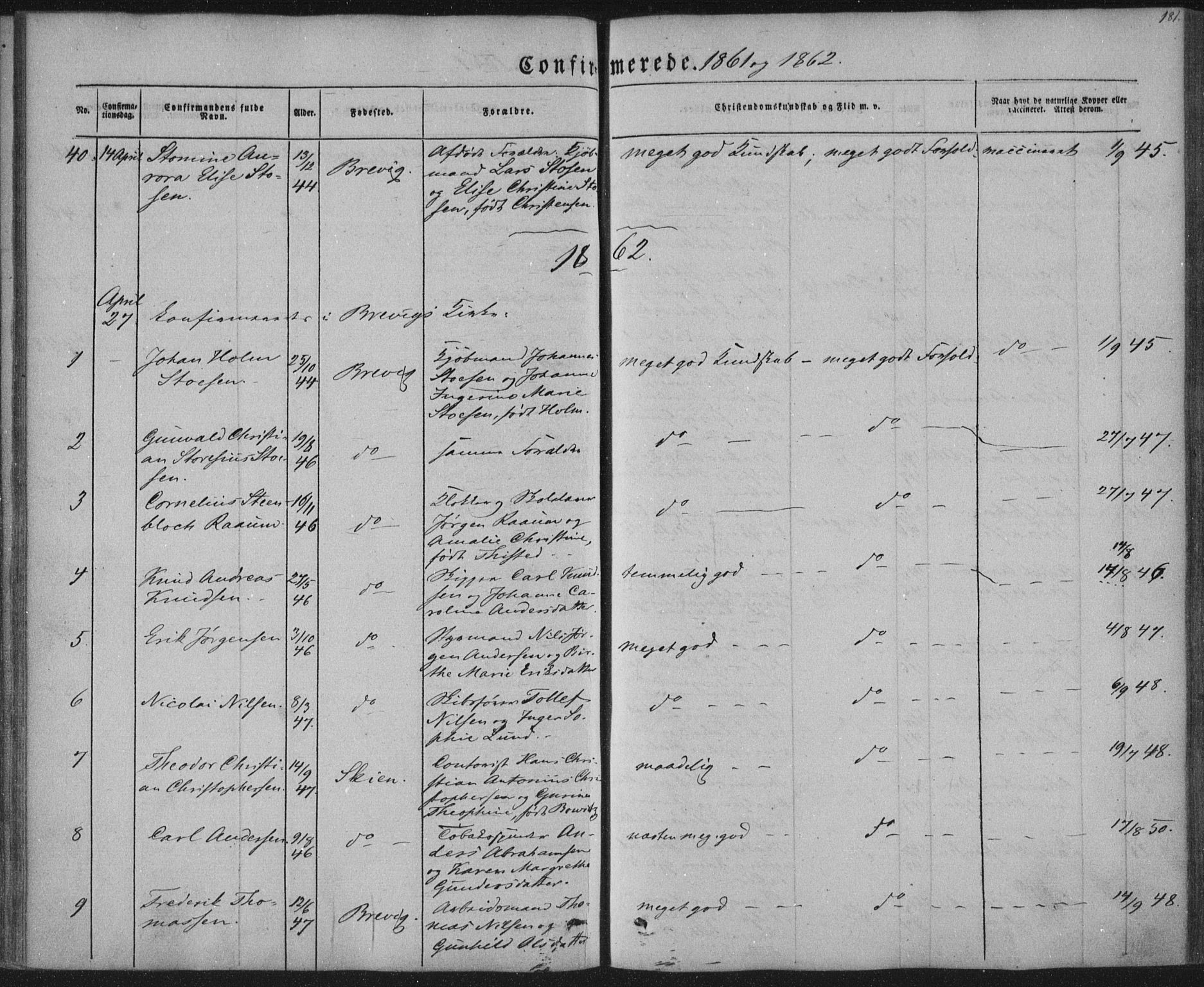 Brevik kirkebøker, SAKO/A-255/F/Fa/L0005: Parish register (official) no. 5, 1847-1865, p. 181