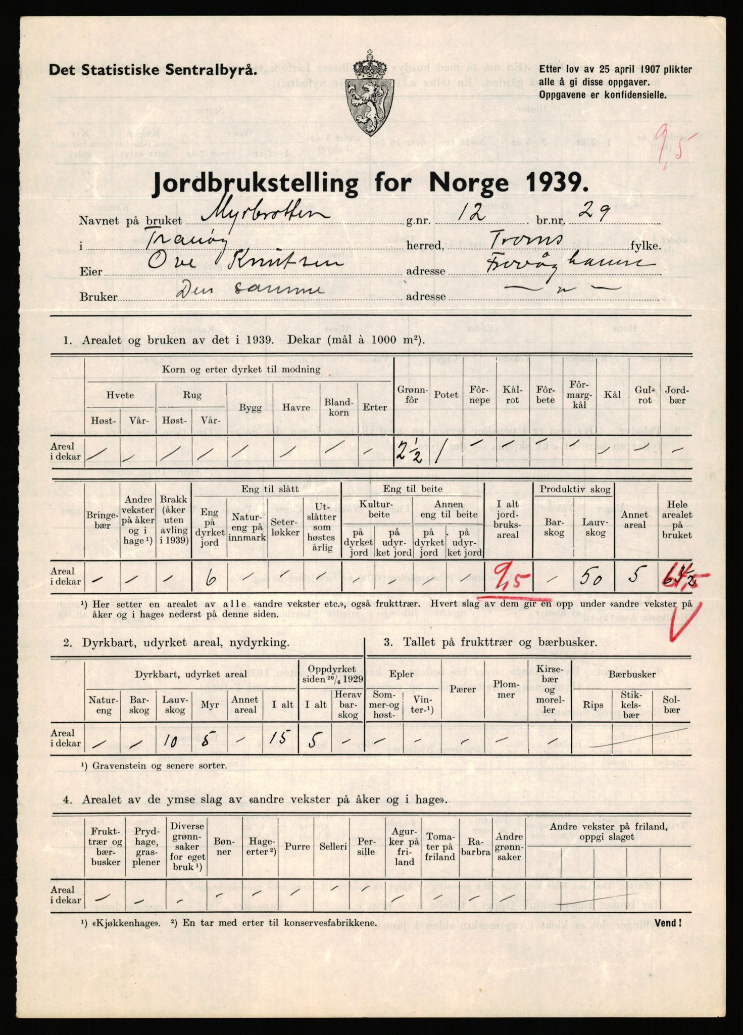 Statistisk sentralbyrå, Næringsøkonomiske emner, Jordbruk, skogbruk, jakt, fiske og fangst, AV/RA-S-2234/G/Gb/L0341: Troms: Sørreisa og Tranøy, 1939, p. 904