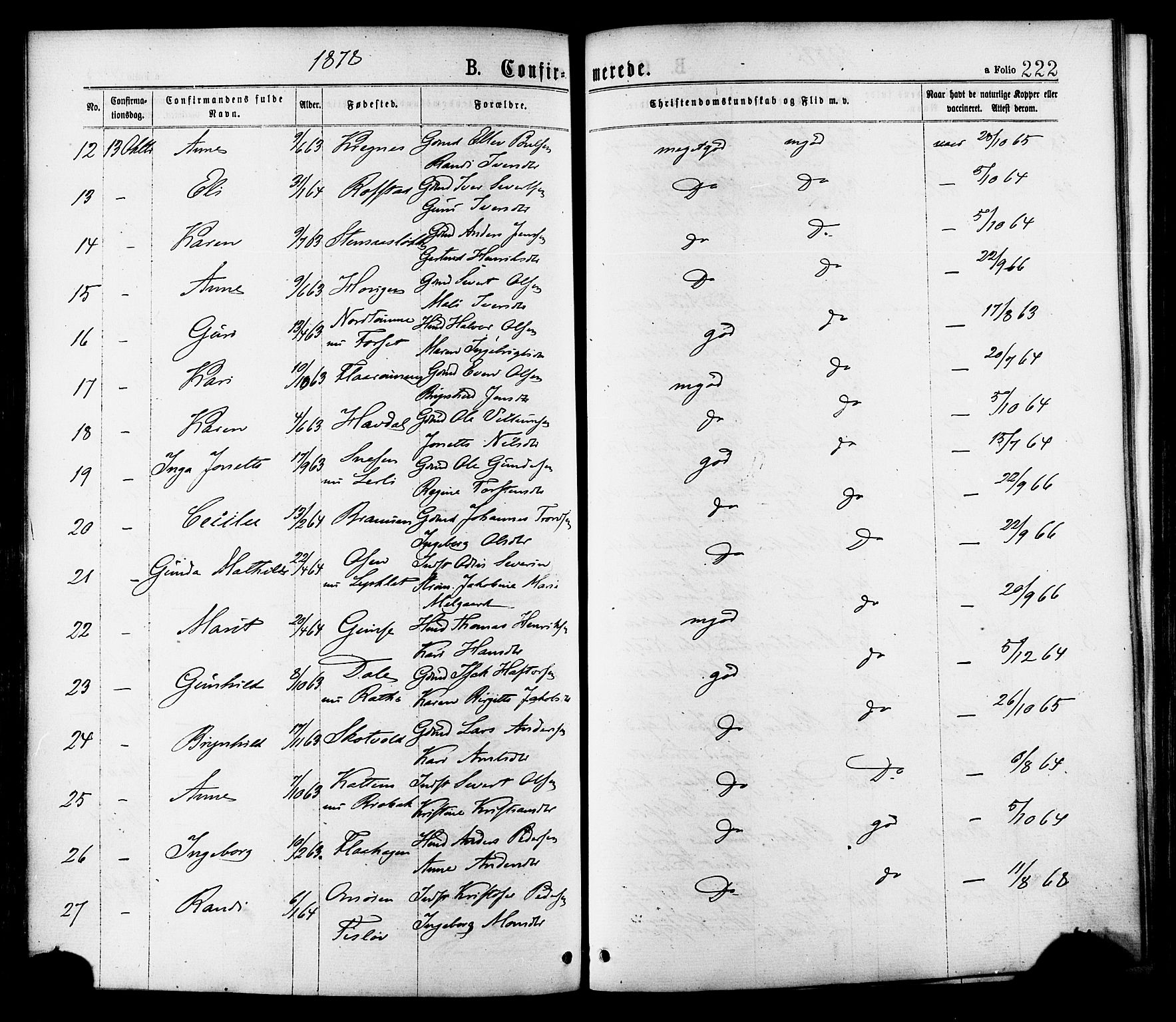 Ministerialprotokoller, klokkerbøker og fødselsregistre - Sør-Trøndelag, AV/SAT-A-1456/691/L1079: Parish register (official) no. 691A11, 1873-1886, p. 222