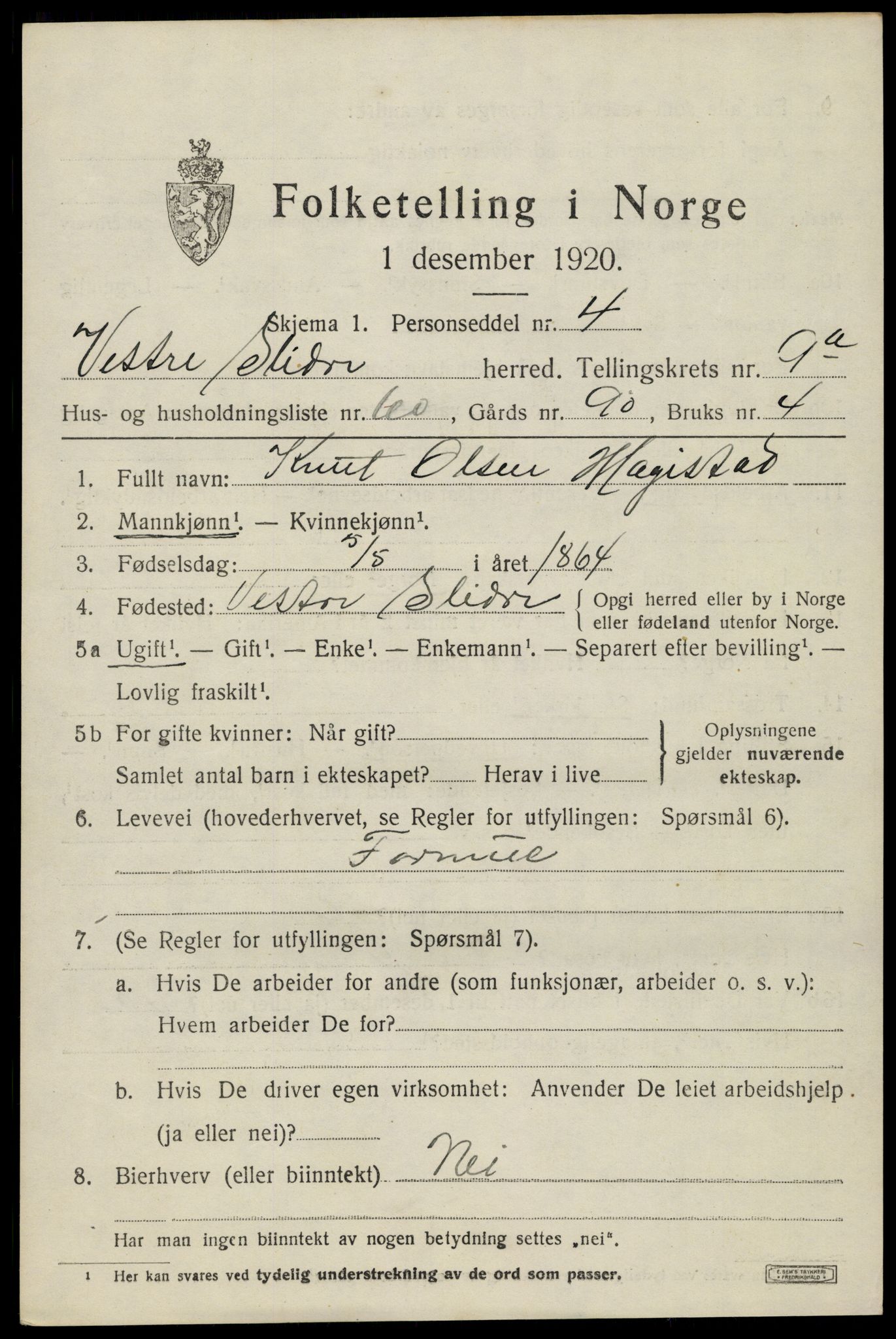 SAH, 1920 census for Vestre Slidre, 1920, p. 5610