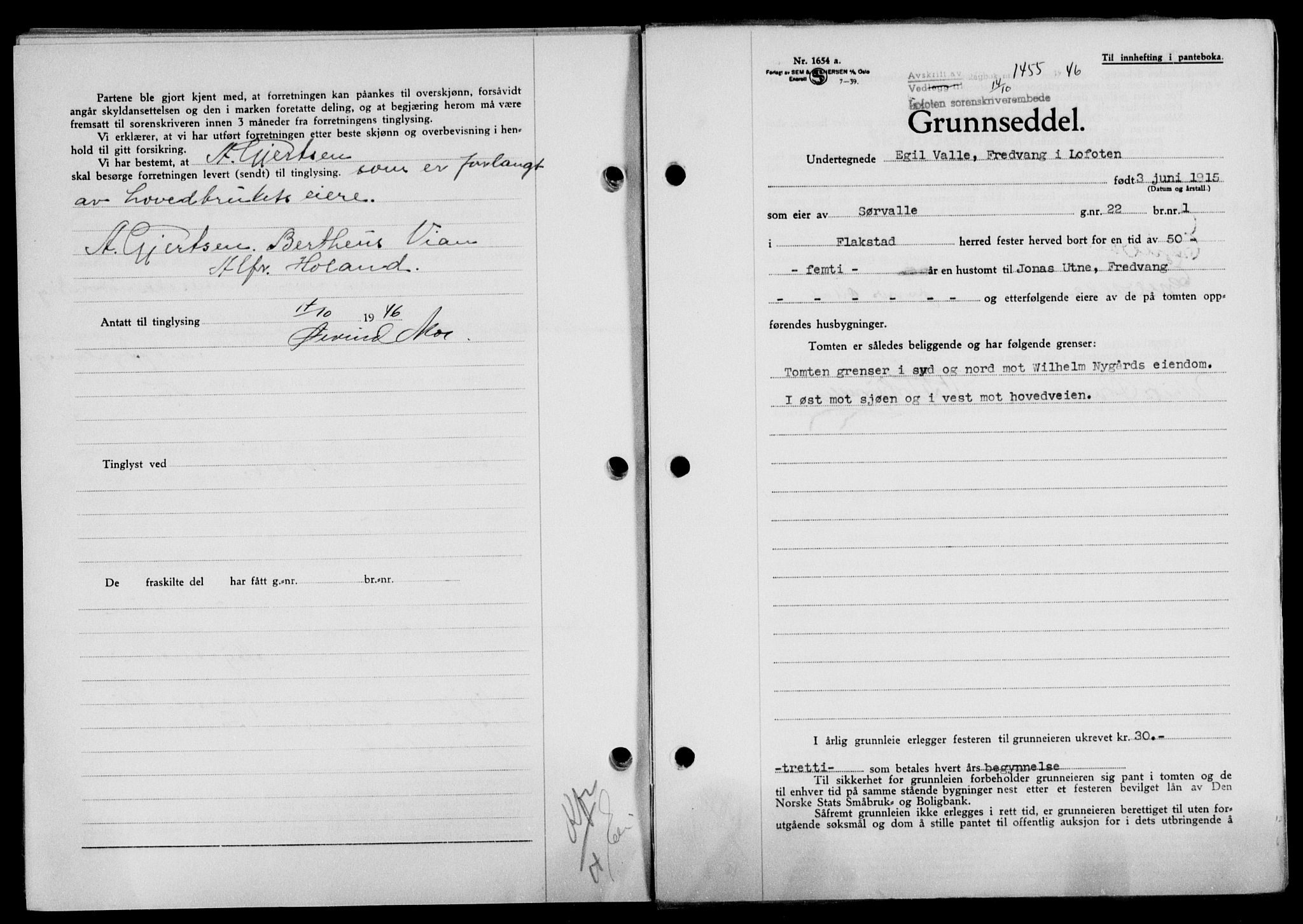 Lofoten sorenskriveri, SAT/A-0017/1/2/2C/L0014a: Mortgage book no. 14a, 1946-1946, Diary no: : 1455/1946