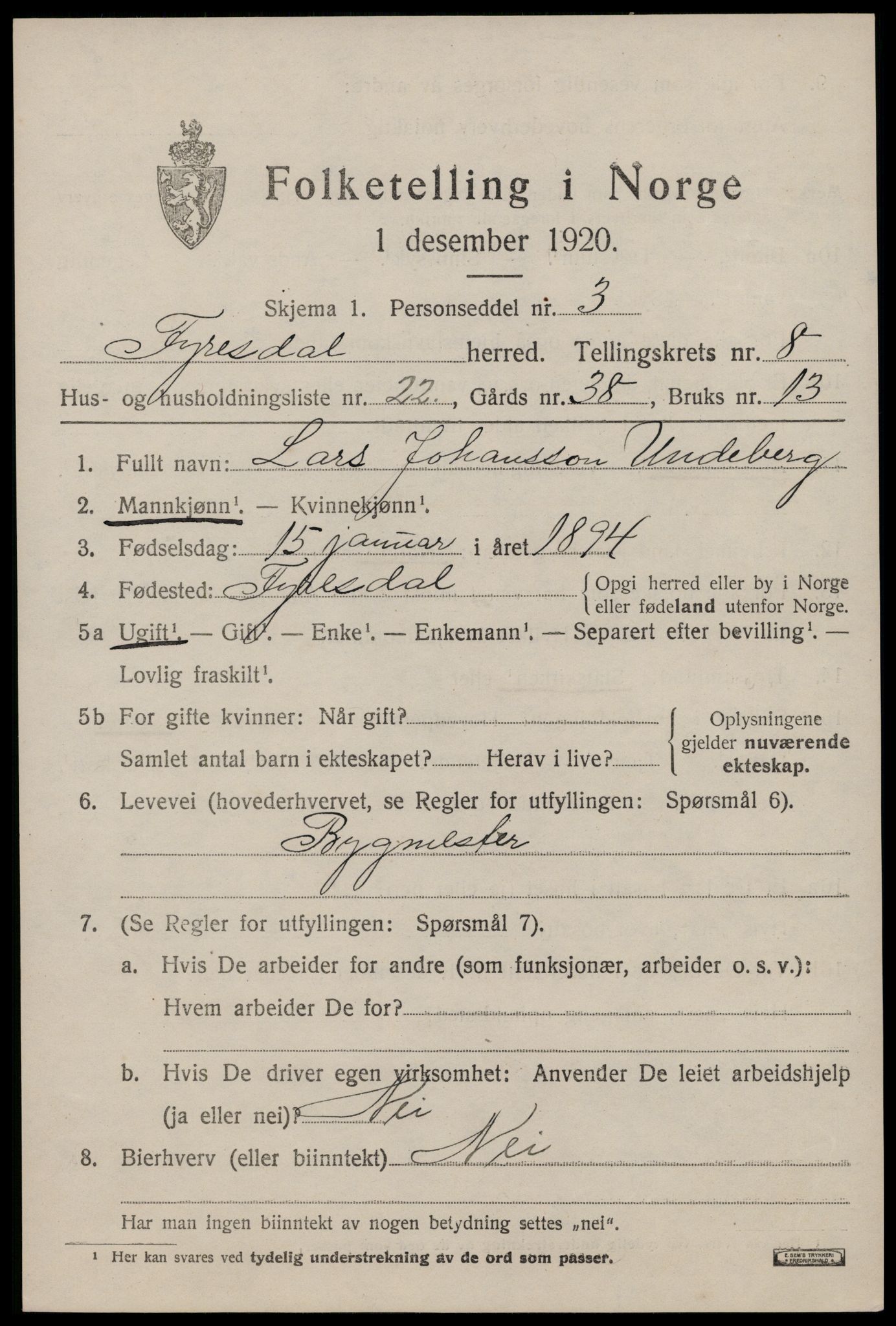 SAKO, 1920 census for Fyresdal, 1920, p. 3519