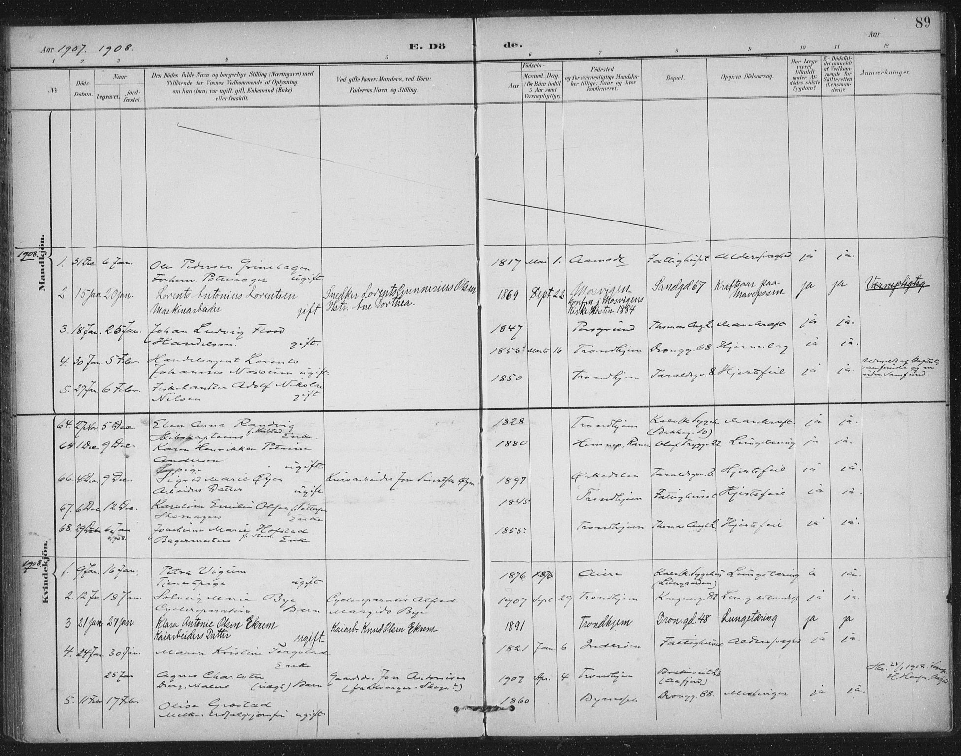 Ministerialprotokoller, klokkerbøker og fødselsregistre - Sør-Trøndelag, SAT/A-1456/602/L0123: Parish register (official) no. 602A21, 1895-1910, p. 89