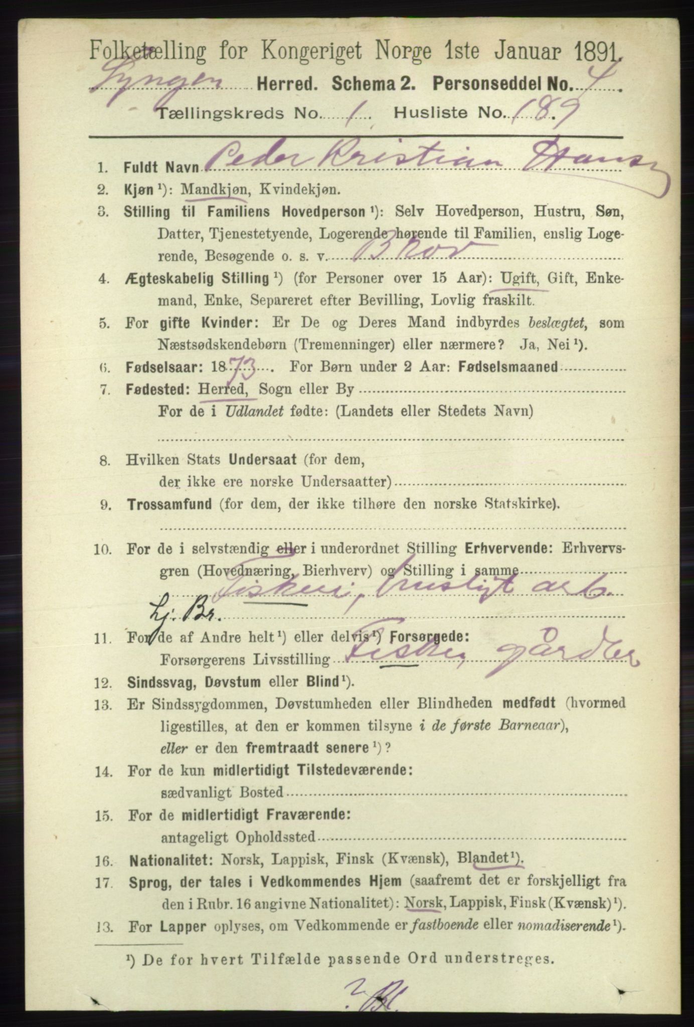 RA, 1891 census for 1938 Lyngen, 1891, p. 1520