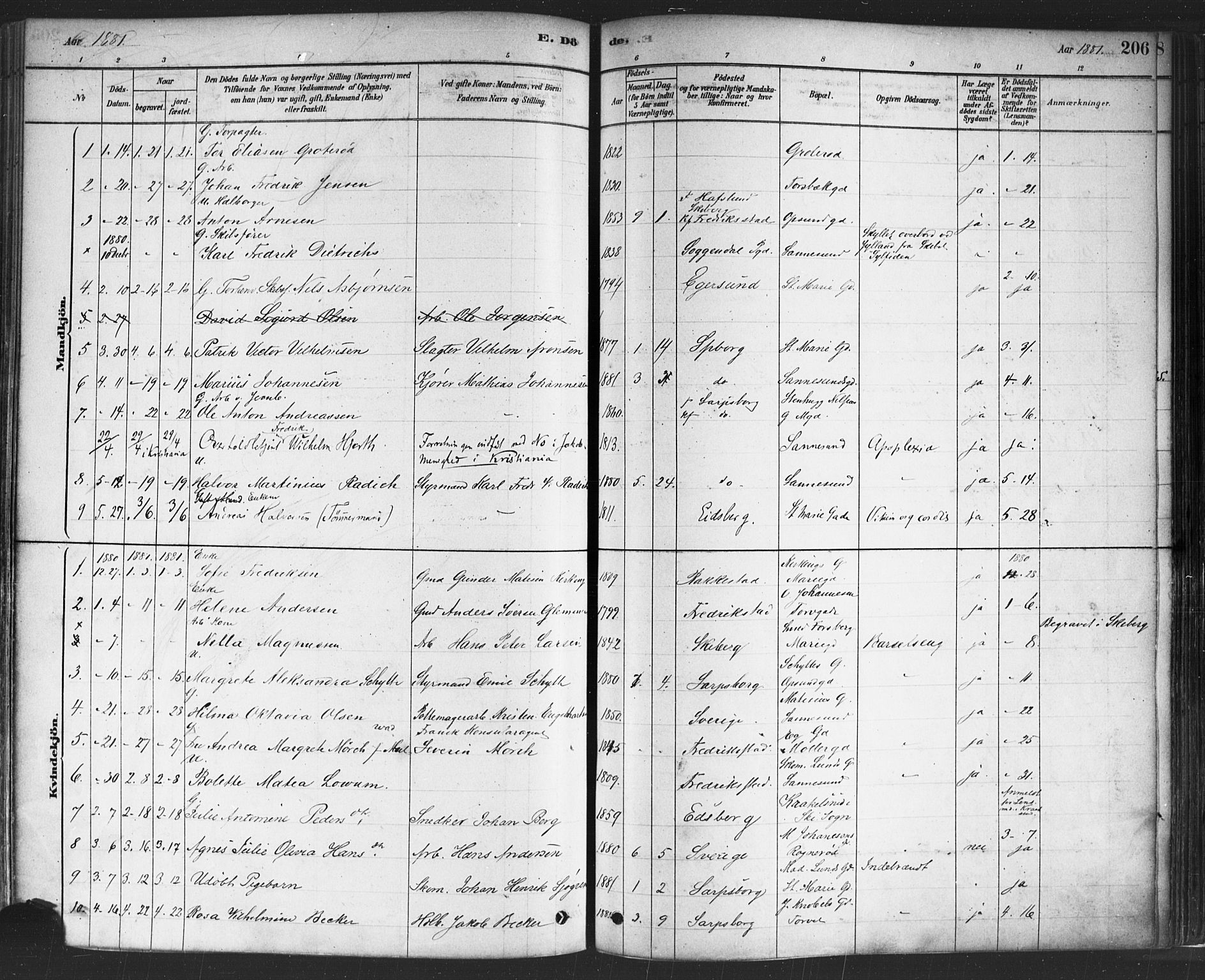 Sarpsborg prestekontor Kirkebøker, SAO/A-2006/F/Fa/L0003: Parish register (official) no. 3, 1878-1891, p. 206