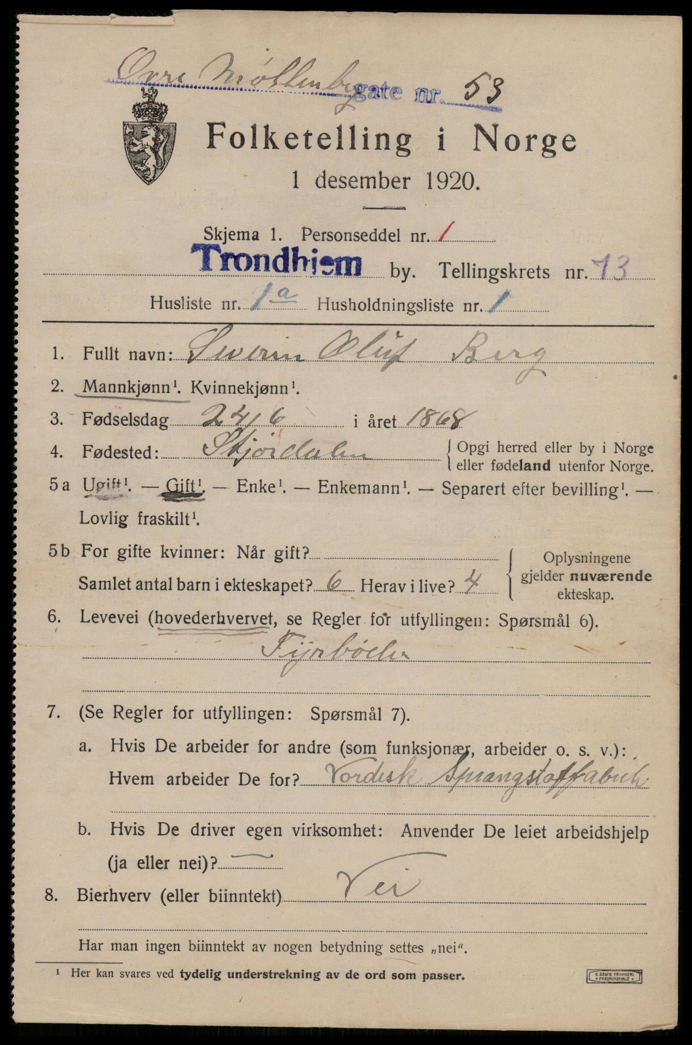 SAT, 1920 census for Trondheim, 1920, p. 142484