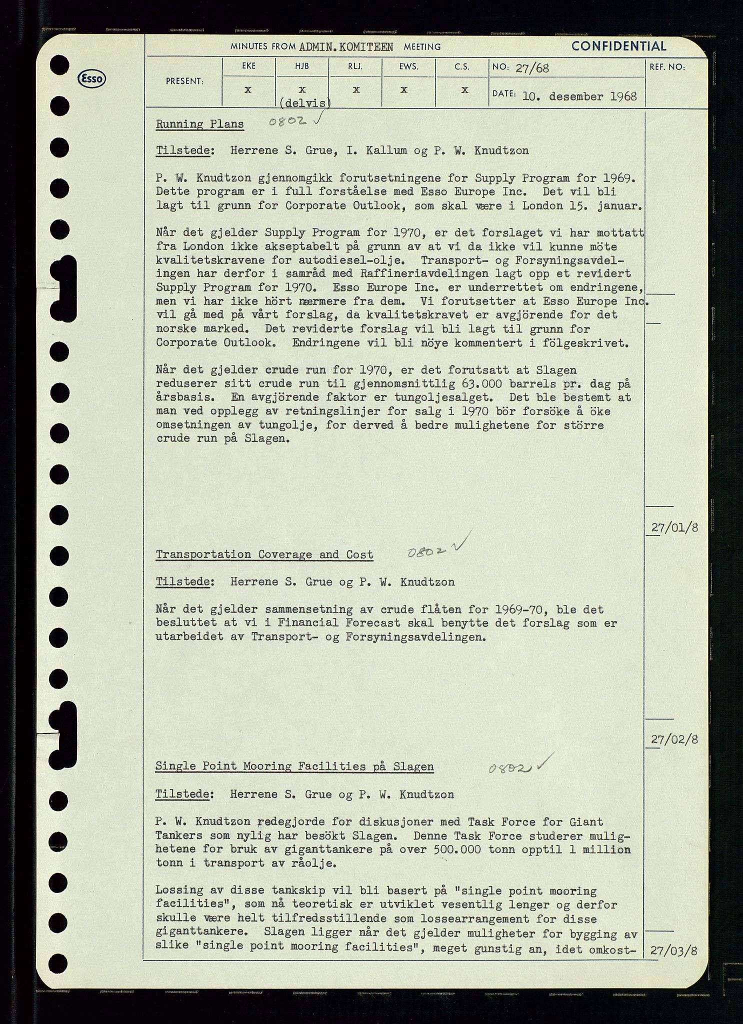 Pa 0982 - Esso Norge A/S, AV/SAST-A-100448/A/Aa/L0002/0004: Den administrerende direksjon Board minutes (styrereferater) / Den administrerende direksjon Board minutes (styrereferater), 1968, p. 113