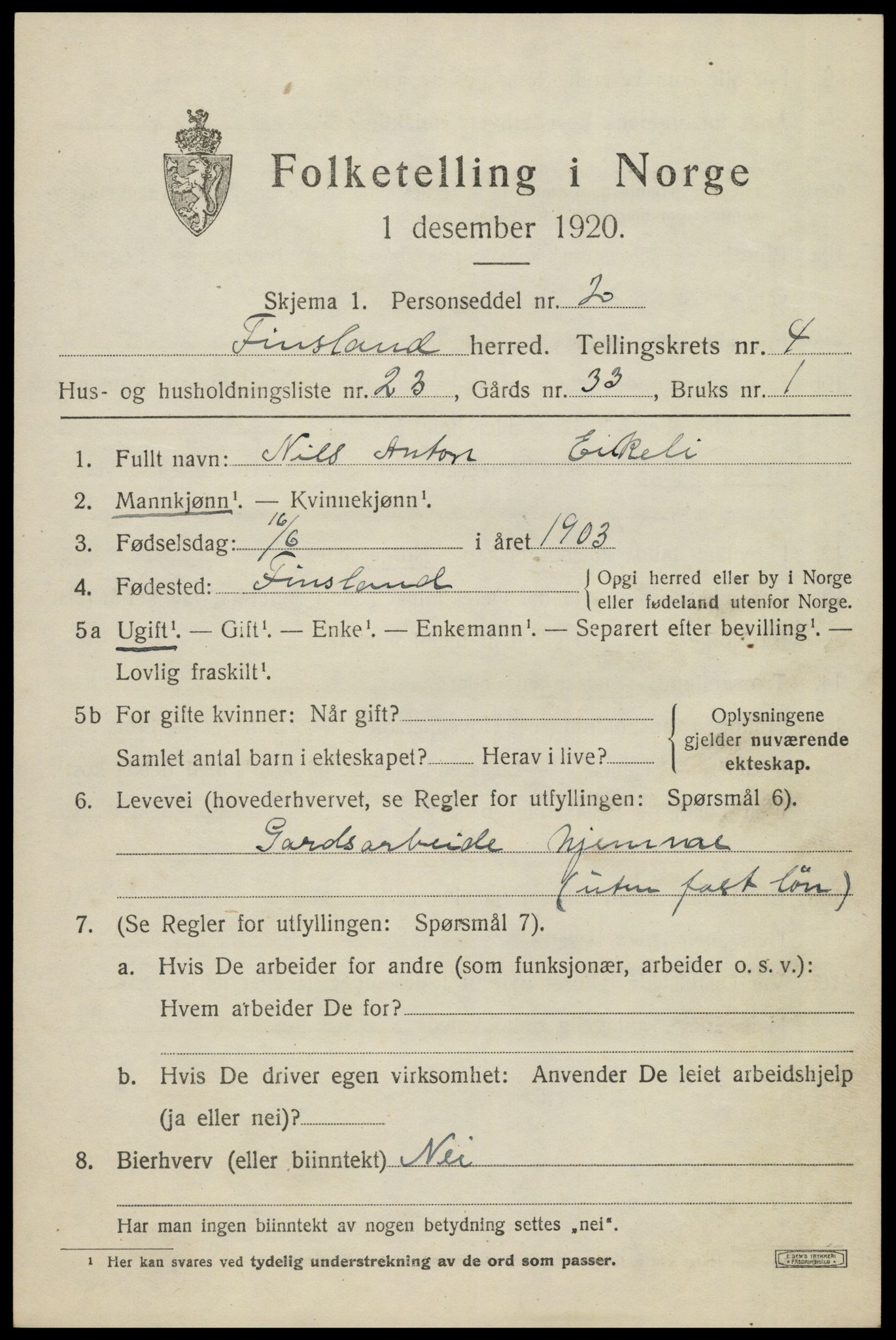SAK, 1920 census for Finsland, 1920, p. 1798