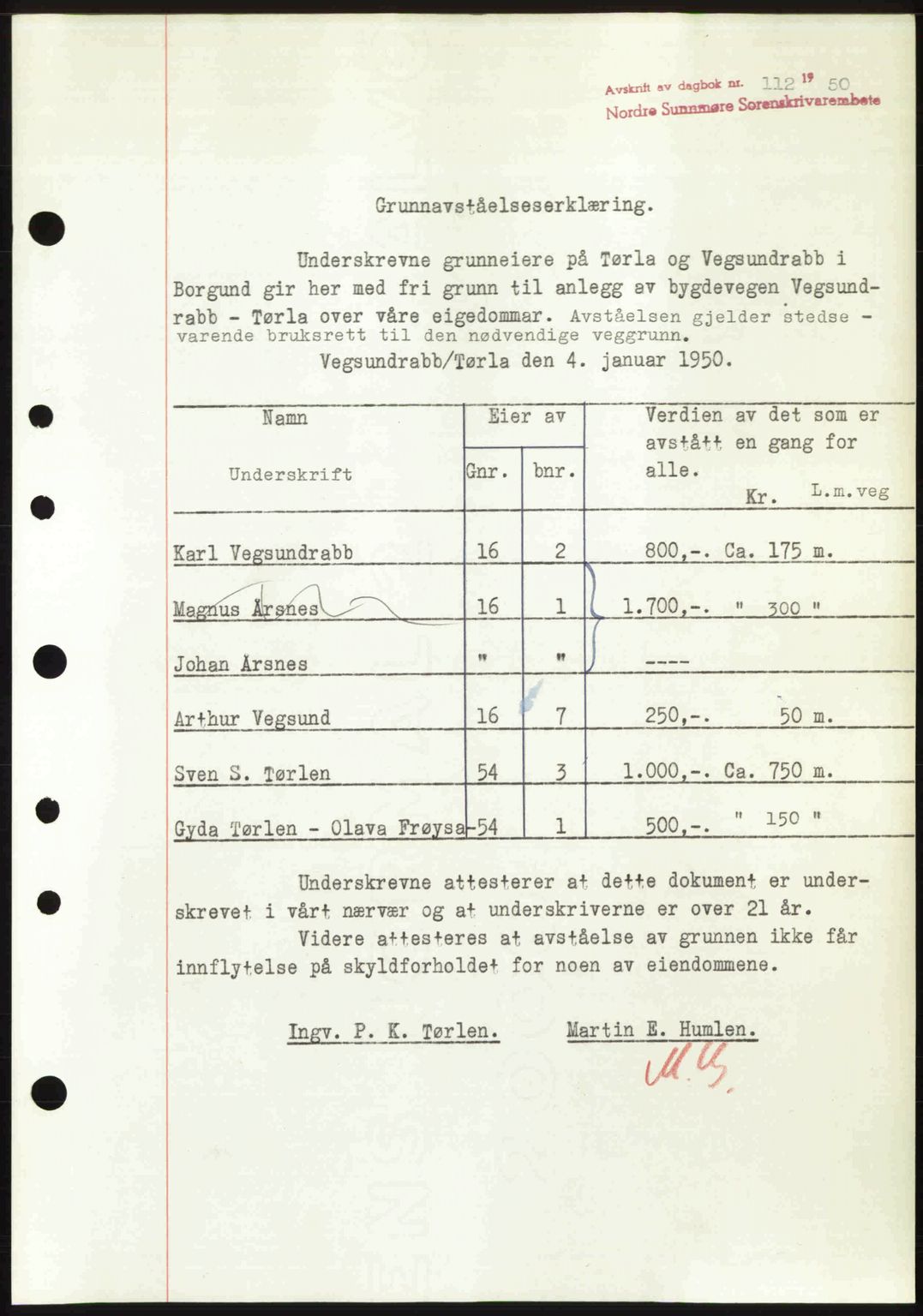 Nordre Sunnmøre sorenskriveri, AV/SAT-A-0006/1/2/2C/2Ca: Mortgage book no. A33, 1949-1950, Diary no: : 112/1950