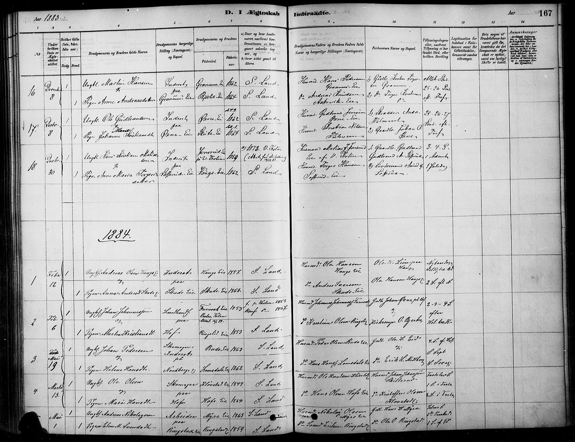 Søndre Land prestekontor, SAH/PREST-122/K/L0003: Parish register (official) no. 3, 1878-1894, p. 167
