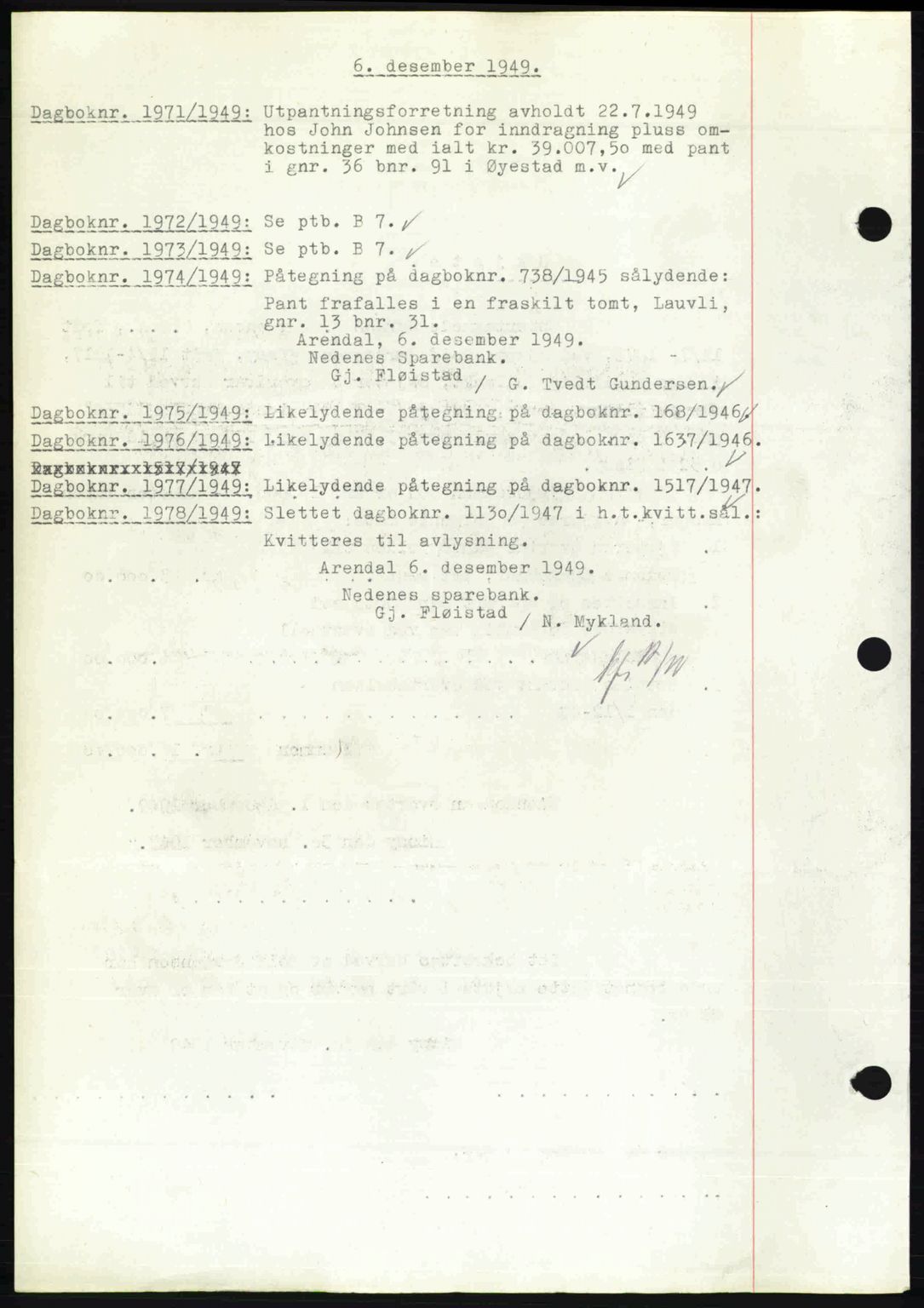 Nedenes sorenskriveri, SAK/1221-0006/G/Gb/Gba/L0061: Mortgage book no. A13, 1949-1949, Diary no: : 1971/1949